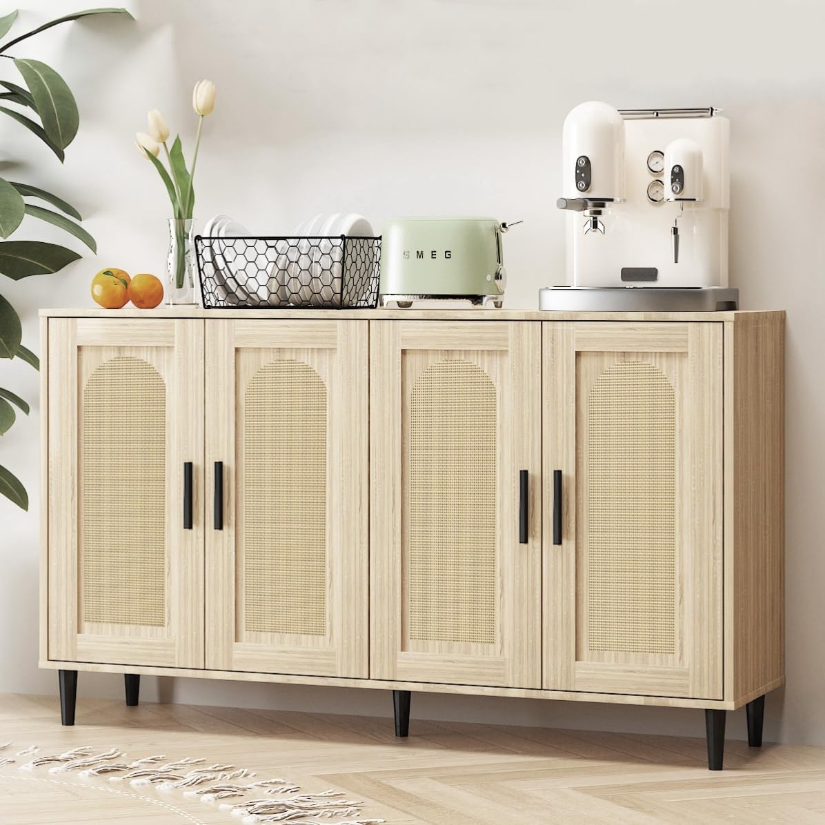 Rattan Buffet Cabinet with 4 Doors & Storage - Natural Wood Sideboard for Dining Room, Kitchen, Hallway | Accent Cabinet, Cupboard Console Table | Perfect for Entertaining, Storage & Home Decor