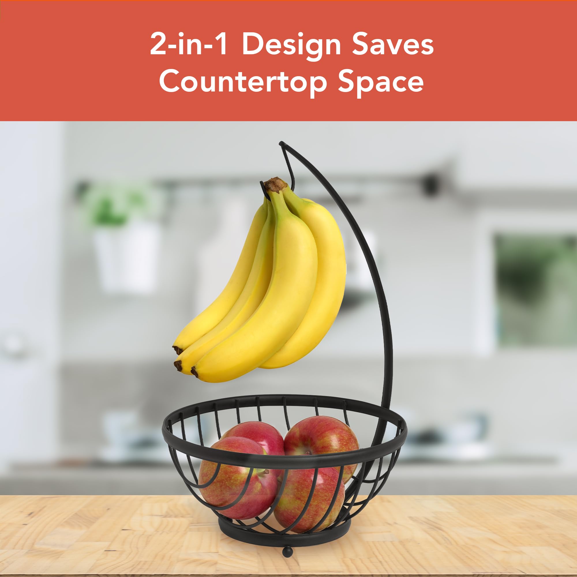 Spectrum Ashley Open Wire Fruit Basket with Banana Hanger - Rustic Kitchen Countertop Produce Storage for Bananas, Vegetables & Fruits - Perfect for Farmhouse, Modern & Small Kitchen Decor