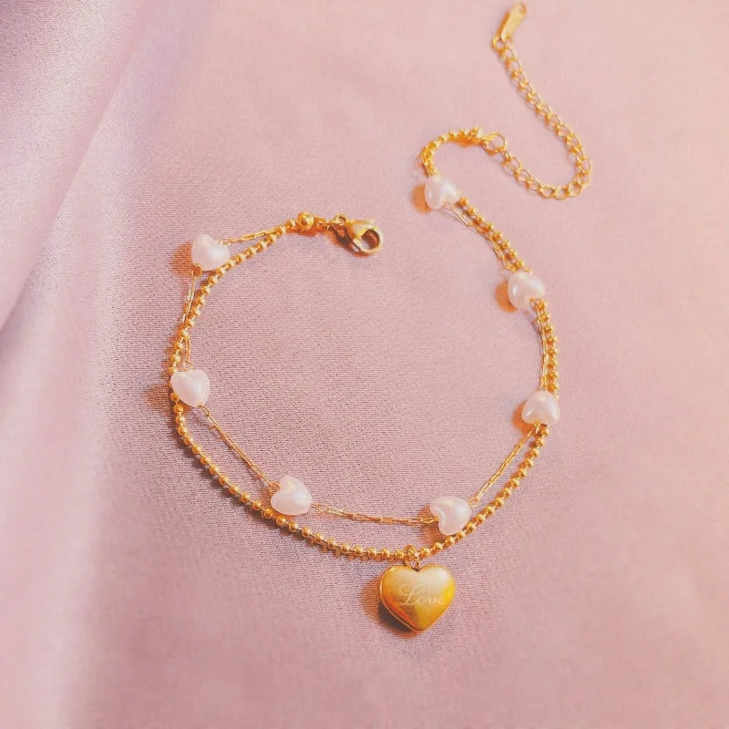 Layered Gold Heart Anklet Chain with Pearl Beads - Dainty Adjustable Ankle Bracelet for Women | Perfect for Beach, Wedding & Everyday Wear | NL640