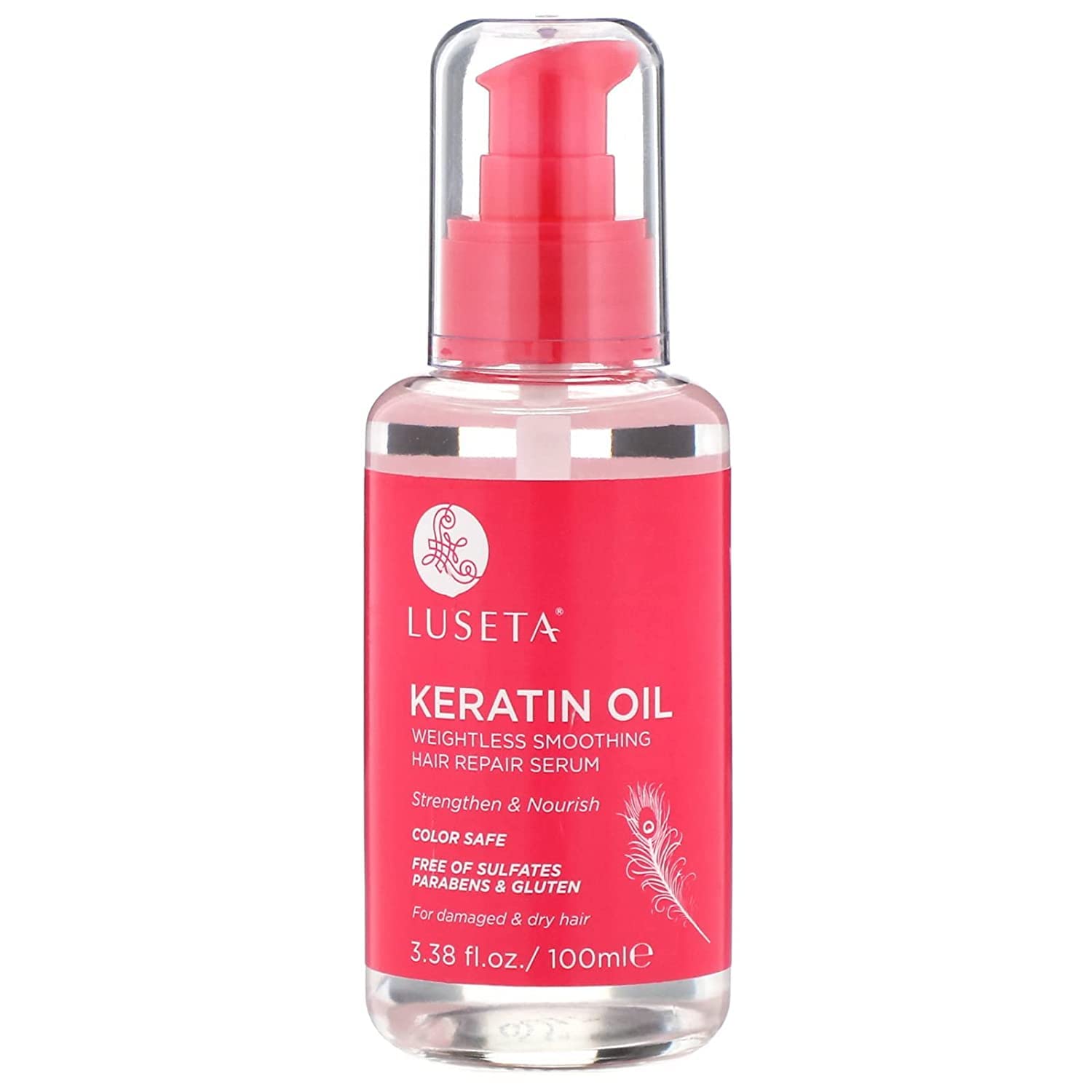 Luseta Keratin Hair Oil Serum for Color Treated Damaged & Dry Hair - Strengthening & Nourishing Treatment with Keratin, Sulfate-Free, Paraben-Free, Gluten-Free (3.38 oz) - Perfect for Daily Hair Care, Styling & Repairing Split Ends