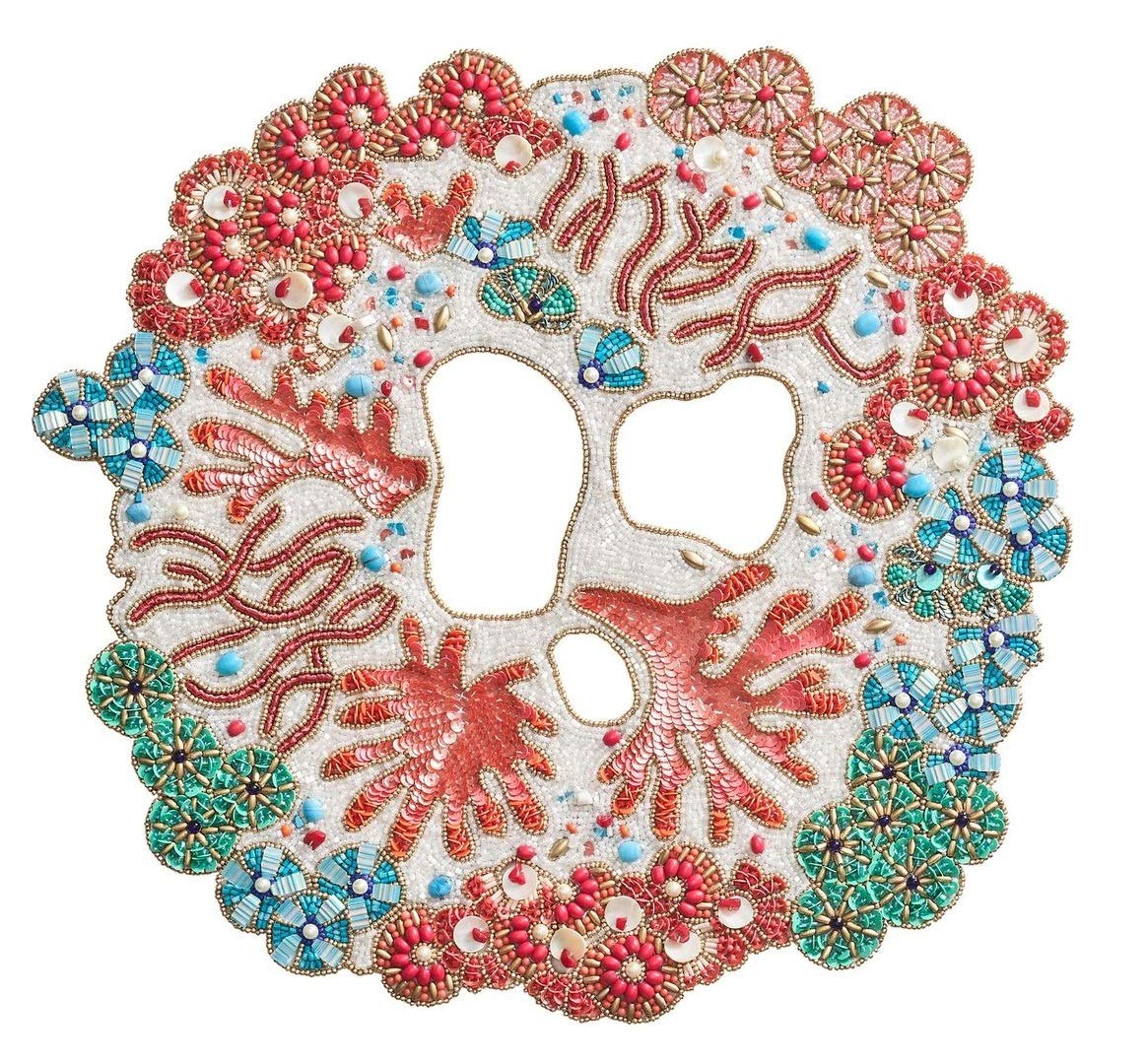 Kim Seybert Cozumel Placemats Set of 2 - Waterproof & Stain-Resistant Round Table Mats for Dining, Turquoise Coral Gold Tropical Decor - Perfect for Beach House, Outdoor Patio & Summer Entertaining