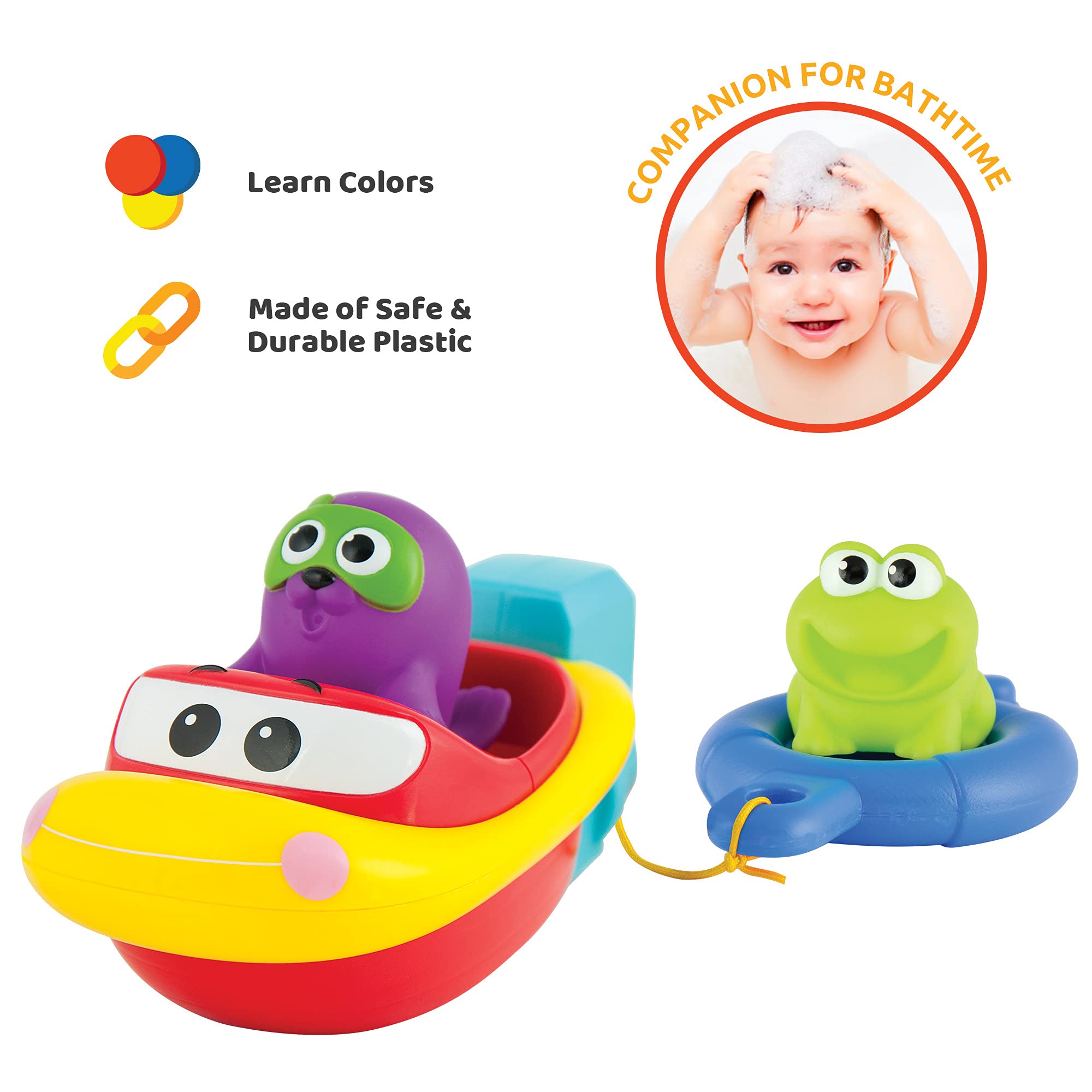 KiddoLab Pull 'N Go Boat Seat - Baby Bath Toys for Toddlers 18+ Months - Bathtub & Pool Floating Toy with Squirt Animals - BPA-Free, Durable Plastic Bath Toy for Boys & Girls - Perfect for Water Play, Sensory Development & Early Learning