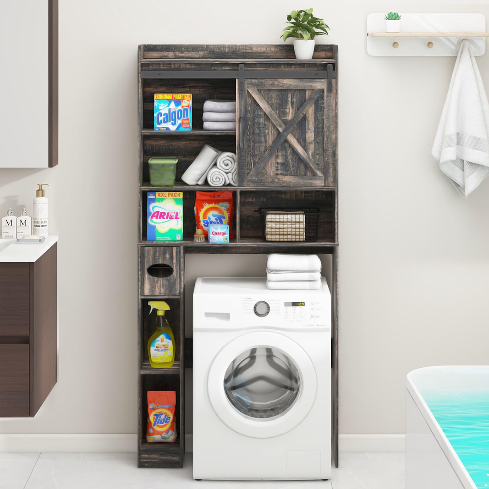 Farmhouse Over The Toilet Storage Cabinet with 2 Barn Doors & Toilet Paper Holder - Space Saving Bathroom Organizer for Towels, Toiletries & Essentials - Perfect for Small Bathrooms, Restrooms & Powder Rooms