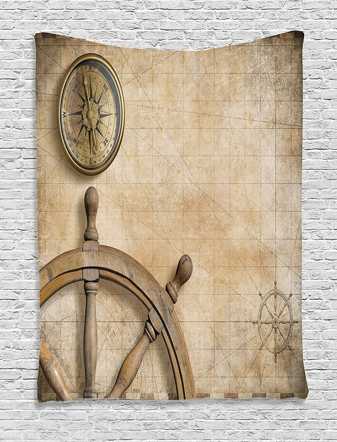 Ambesonne Vintage Nautical Tapestry - 40x60 Inch Beige Wall Hanging Decor with Steering Wheel Compass & Treasure Map Design for Bedroom, Living Room, Dorm | Perfect for Coastal Theme, Pirate Party & Adventure Room Decor