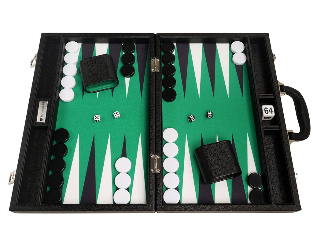 Premium 16-inch Backgammon Set - Medium Size with Black Board & Green Playing Surface - Classic White and Black Points - Perfect for Family Game Nights, Travel, and Casino-Style Entertainment