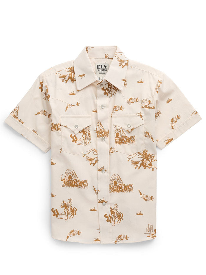 Ely Cattleman 1023116 EC Kids Cowboy Print Snap Button Shirt - Beige Ecru Western Style for Boys & Girls | Perfect for Rodeo, Halloween Costume and Western Theme Parties