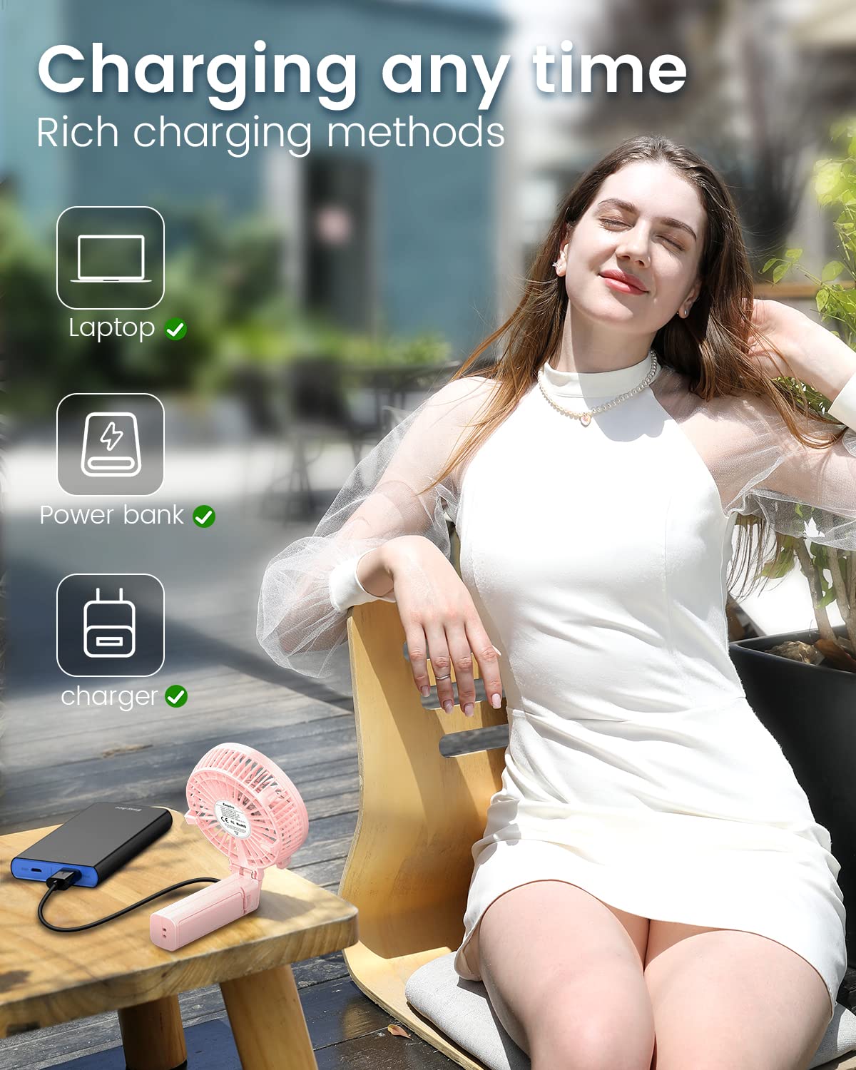 EasyAcc Mini Handheld Fan - Portable USB Rechargeable Personal Cooling Fan for Travel, Camping, Office & Home Use | Folding Design, Quiet Operation | Perfect for Outdoor Activities, Work Desks & Bedside Use - Pink