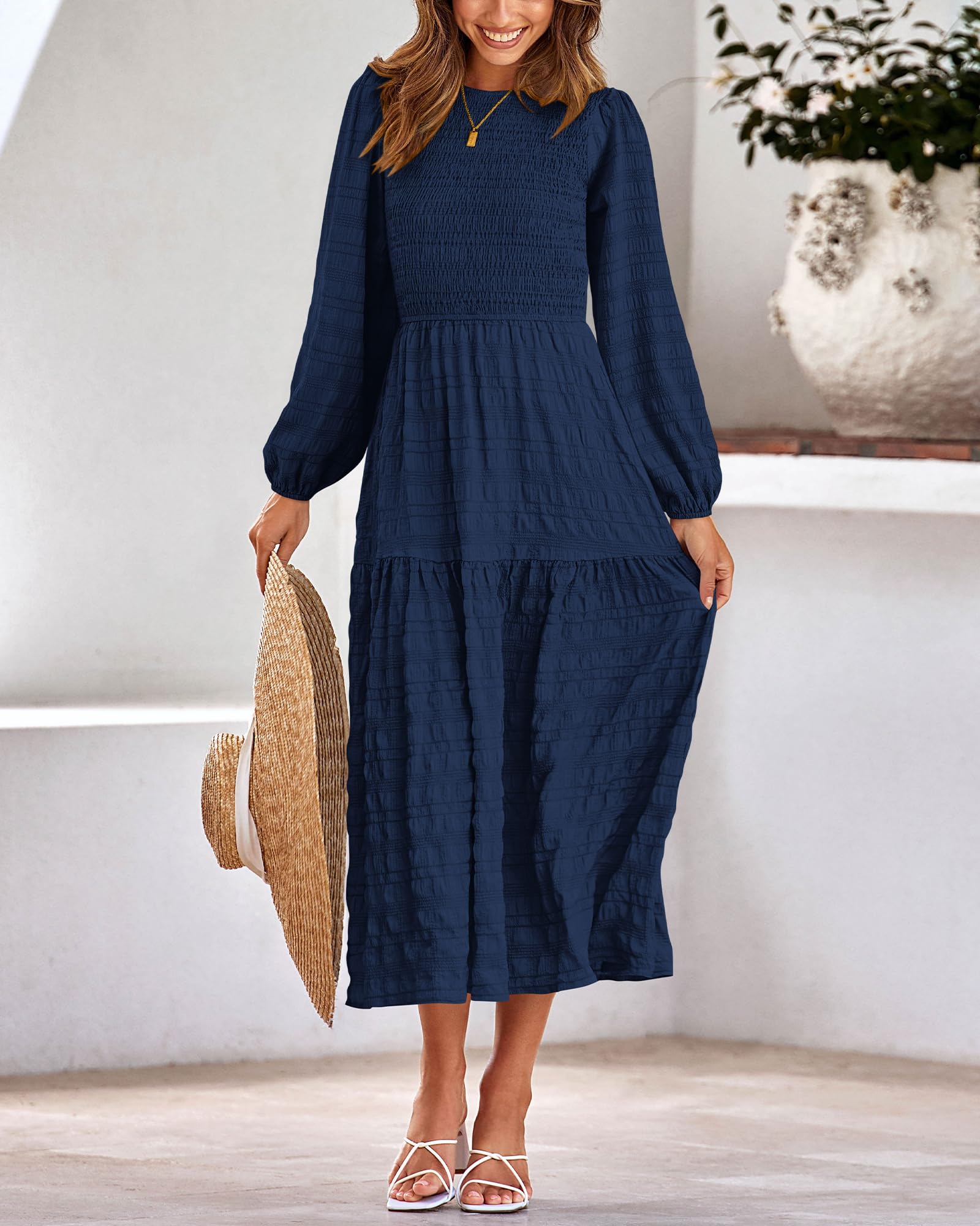 Dowerme Women's Boho Maxi Dress 2025 - Long Sleeve Smocked Tiered A-Line Flowy Wedding Party Dress for Spring | Perfect for Beach Weddings, Garden Parties & Special Occasions