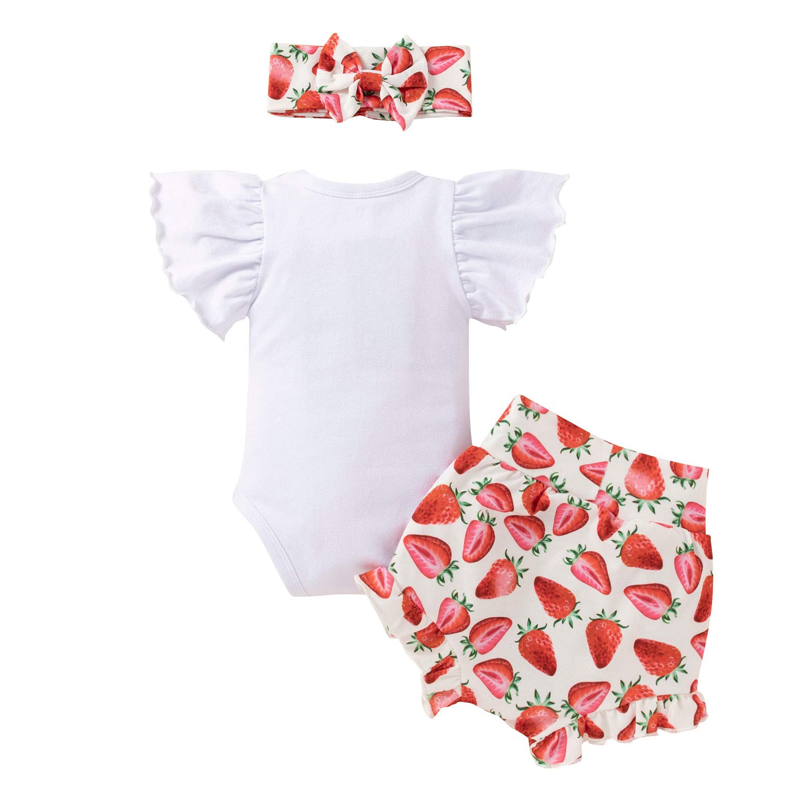 Adorable Baby Girls Summer Outfits - Ruffle Sleeve Fruit Floral Romper with Matching Shorts & Headband Set | Cute Playtime & Photo Shoot Outfits for Toddlers