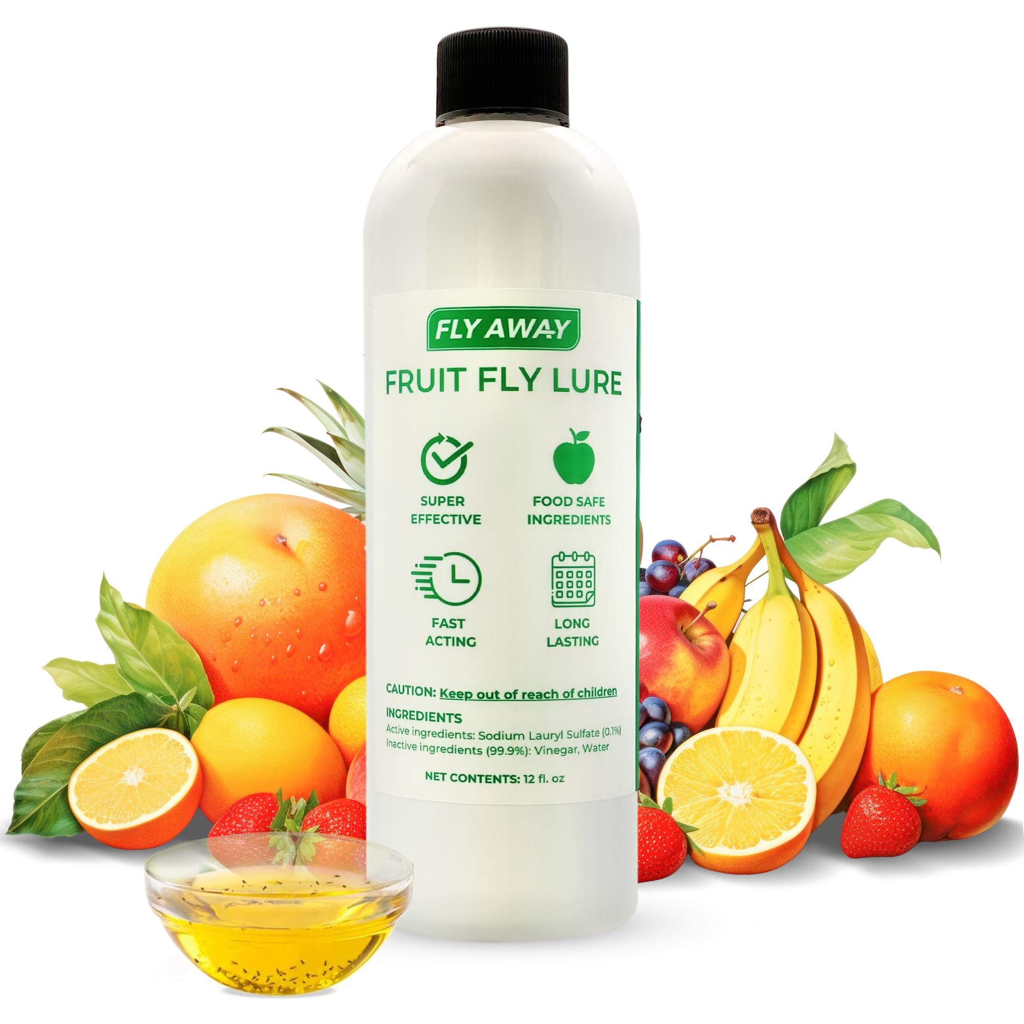 Fly Away Fruit Fly Liquid Lure - Fast-Acting Fruit Fly Trap | Safe & Non-Toxic for Kitchens, Restaurants, Bars | Indoor Pest Control Solution | Works as Standalone Bait or Refill for Fly Away Trap Kit (12 oz) | Perfect for Home, Commercial & Outdoor Use