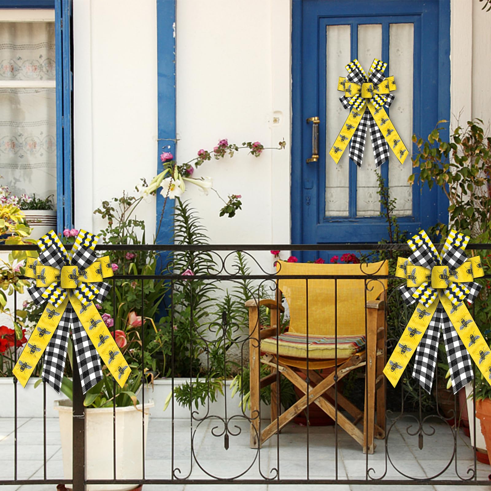 Large Spring Summer Wreath Bows - Black White Buffalo Plaid Happy Bee Day Decorations | Farmhouse Style First Birthday Party Bows for Front Door, DIY Crafts | Perfect for Seasonal Home Decor, Baby Showers & Wedding Decor