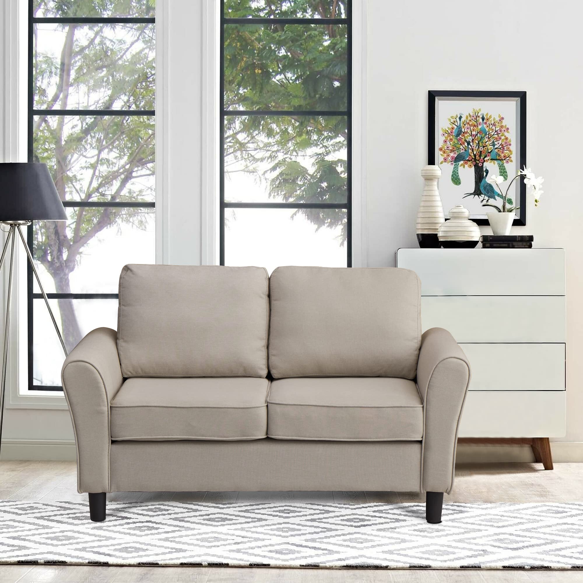 Modern Linen Loveseat Sofa - Comfortable Small Couch for Living Room, Office & Bedroom - Beige Fabric 2-Seater - Perfect for Apartments, Reading Nooks & Cozy Spaces