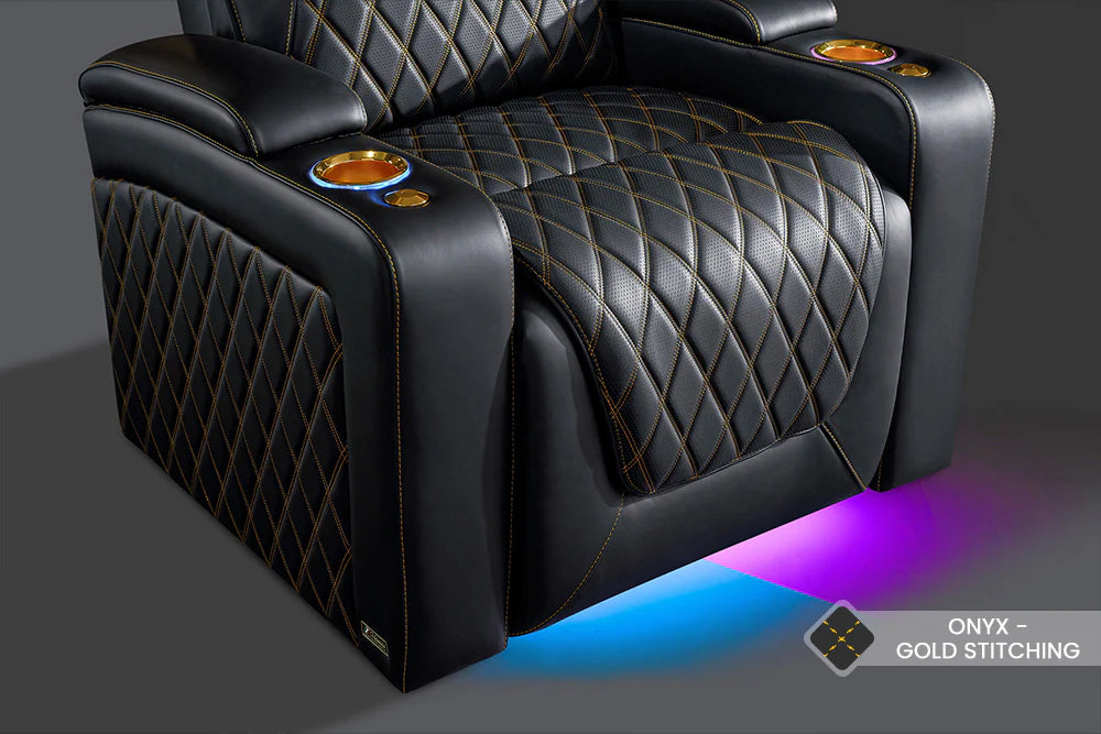 Valencia 2025 Oslo Premium Leather Home Theater Seating - Set of 6 Recliners with Onyx Upholstery & Gold Stitching | Perfect for Home Cinemas, Media Rooms & Luxury Home Theaters