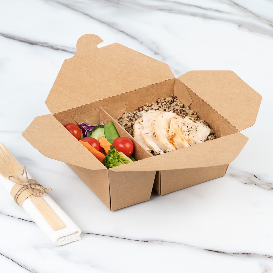 Eco-Friendly 47oz Kraft Paper Takeout Containers - 200 Pack 2-Compartment Greaseproof Food Boxes with Secure Tab-Lock | Ideal for Restaurants, Catering & Meal Prep | Safe for Hot/Cold Foods, Perfect for Takeout, Delivery & Leftovers