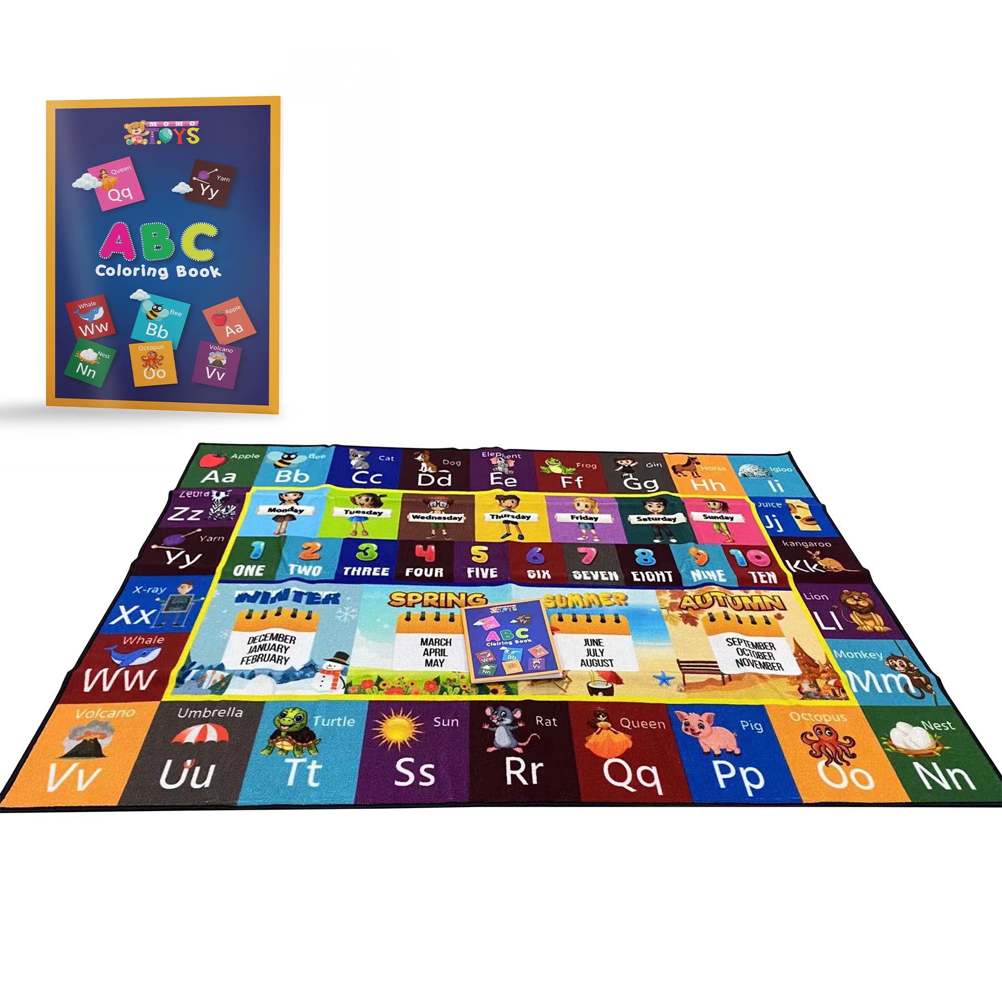Momotoys ABC Rug Collection - Non-Slip Alphabet & Numbers Playmat for Kids - Washable Educational Rug with Animal Designs - Perfect for Playrooms, Nurseries & Learning Spaces - Includes Free Coloring Book Gift