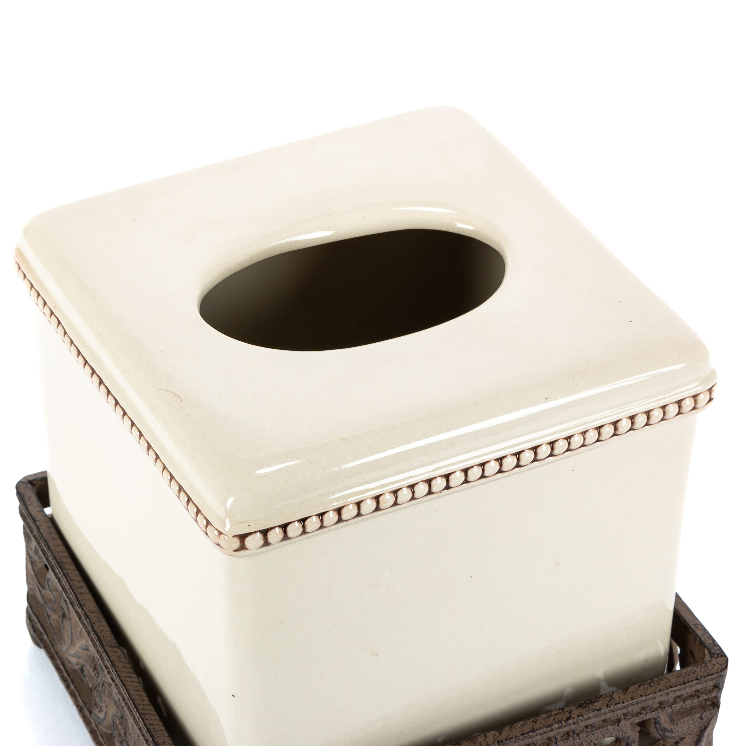 Elegant Square Cream Ceramic Tissue Box Cover with Metal Base - Stylish Home Decor for Living Room, Bathroom, or Office