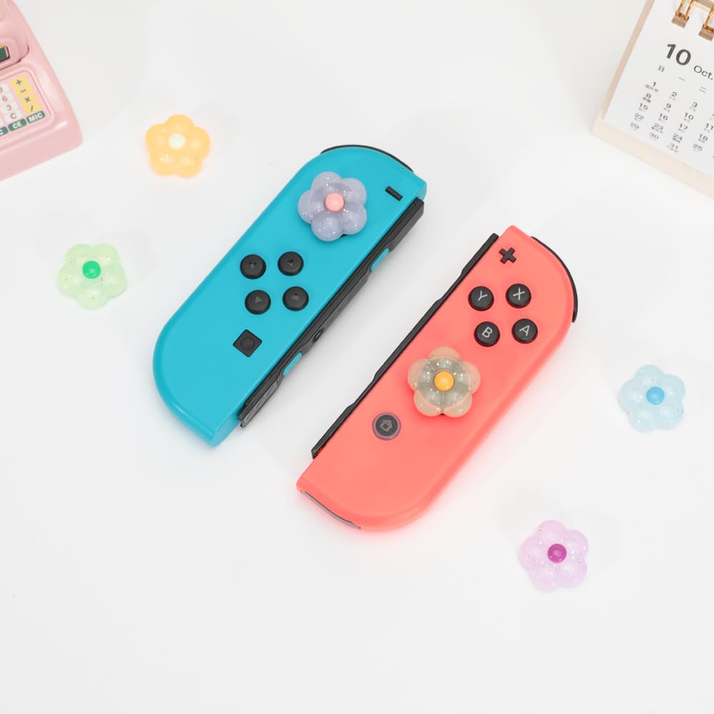 PERFECTSIGHT Cute Glitter Flower Thumb Grip Caps for Nintendo Switch/OLED/Switch Lite - 6PCS Kawaii Joystick Cover for Joy-Con Controllers | Gaming Accessories for Enhanced Comfort & Style | Perfect for Kids & Adults Playing Mario Kart, Animal Crossing & More