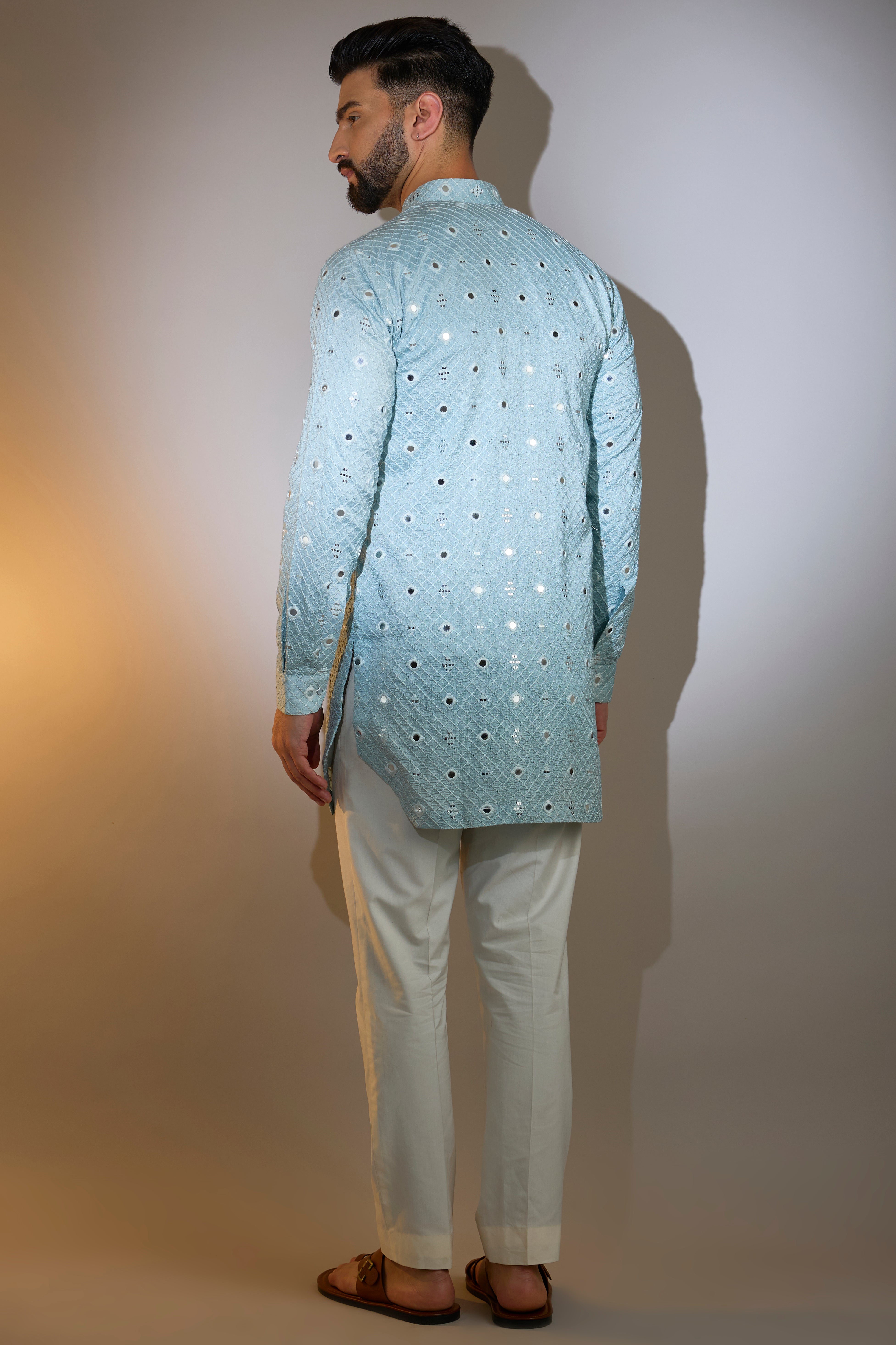 Powder Blue Short Mirror Work Kurta for Women - Embroidered Indian Ethnic Top - Perfect for Festivals, Parties & Casual Wear