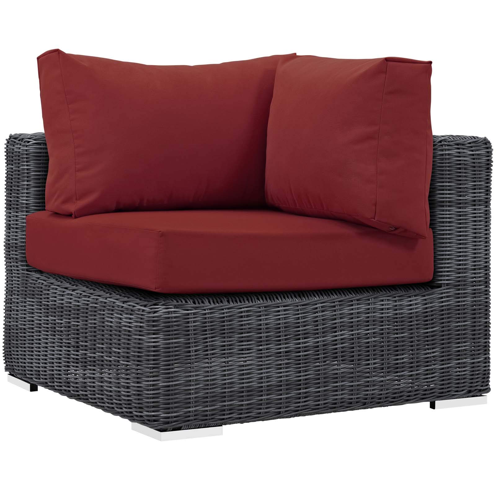 Modern Outdoor Patio Lounge Sectional Sofa Set - Rattan Wicker Furniture in Grey & Red for Backyard, Poolside & Garden Relaxation