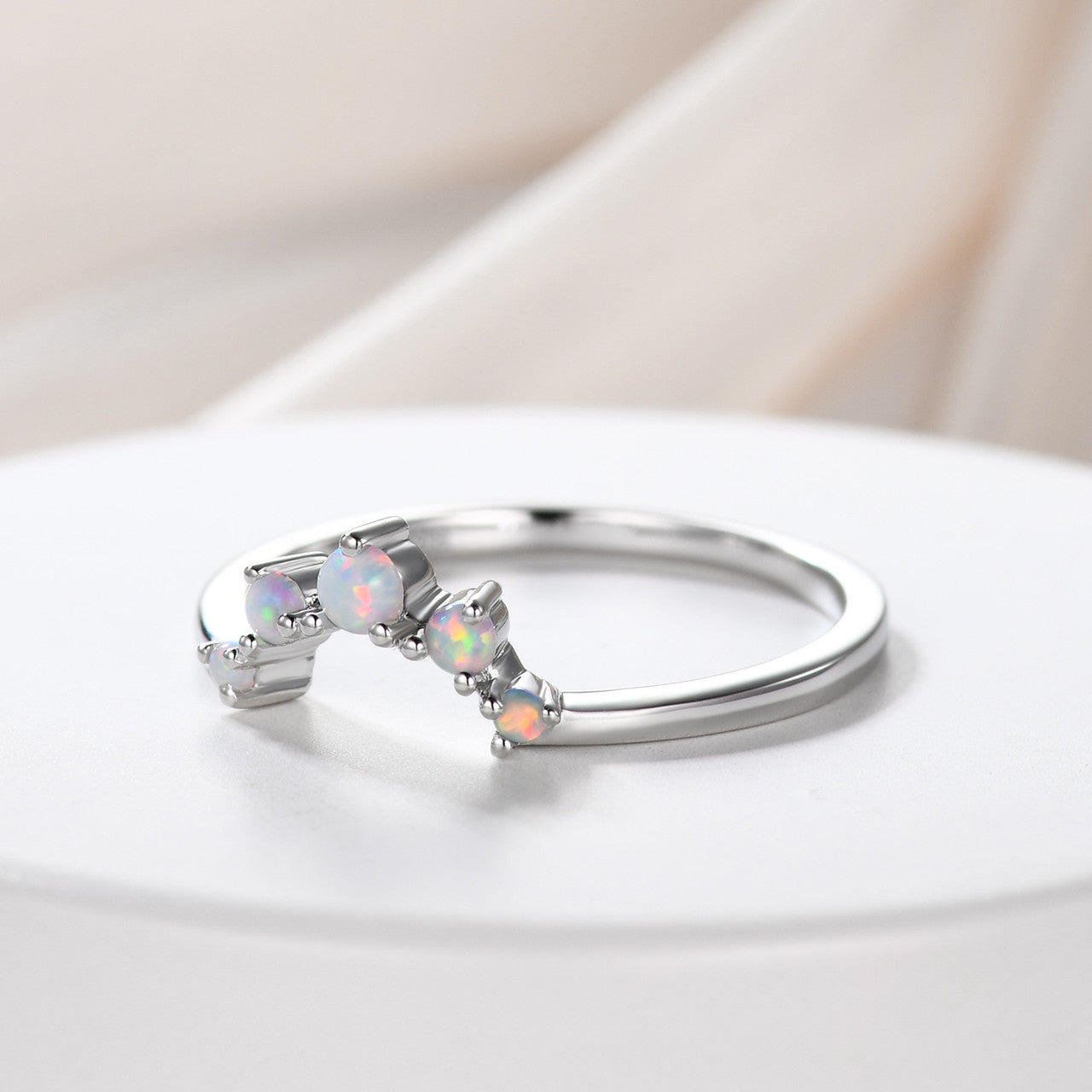 Art Deco 14K Rose Gold Opal Wedding Band - Stackable Curved Bridal Ring Set, Promise Ring for Women, Anniversary Gift for Her - Perfect for Engagement, Wedding, Stacking & Special Occasions