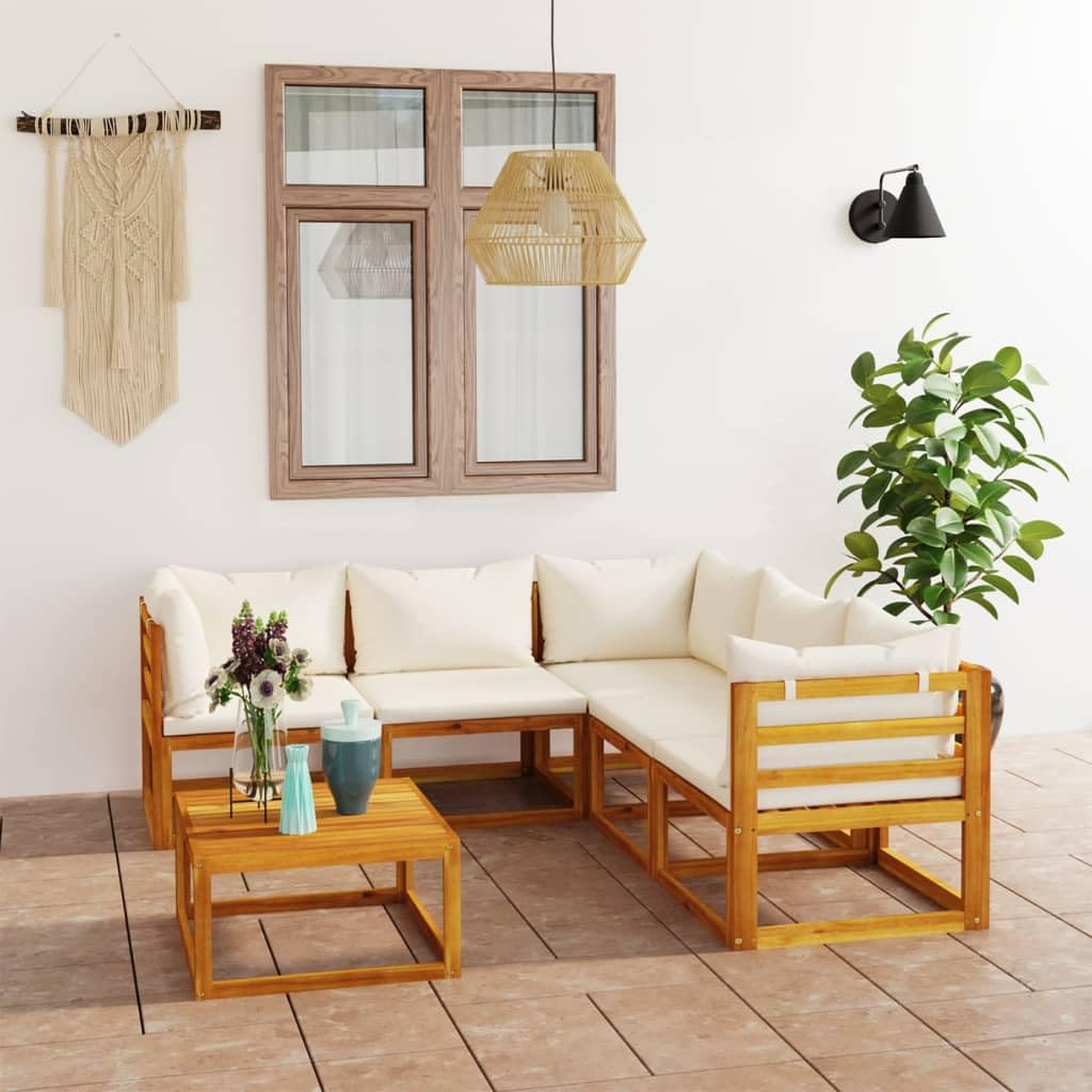vidaXL 6-Piece Patio Lounge Set - Modern Outdoor Sectional Sofa with Cushions & Coffee Table, Cream Acacia Wood Garden Furniture for Backyard, Poolside & Deck Relaxation