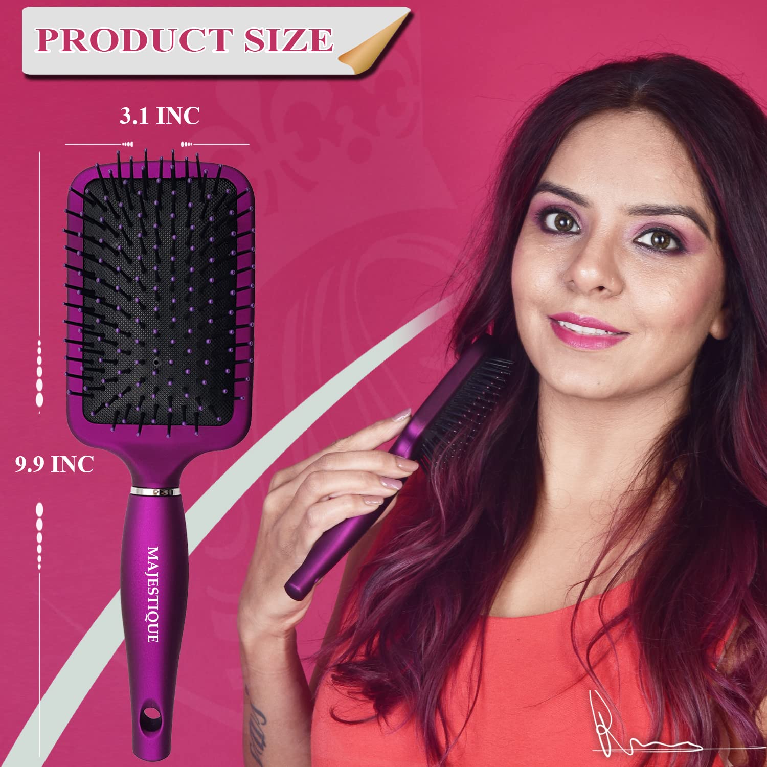 Majestique Premium Purple Paddle Hair Brush - Flat Straightening & Detangling Brush for All Hair Types - Women, Men & Kids - Soft Nylon Bristles Remove Dirt & Excess Oils (Purple) | Perfect for Daily Styling, Salon Results at Home & Travel-Friendly Hair Care
