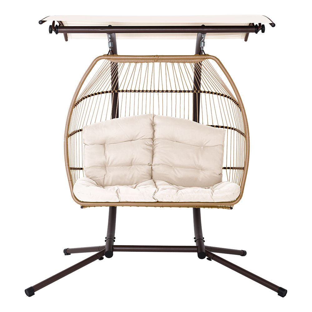 Double Wicker Hanging Swing Chair with Stand - Latte Brown Rattan Porch Swing for Outdoor Patio, Garden, or Balcony Relaxation - Perfect for Reading, Lounging, and Enjoying Nature