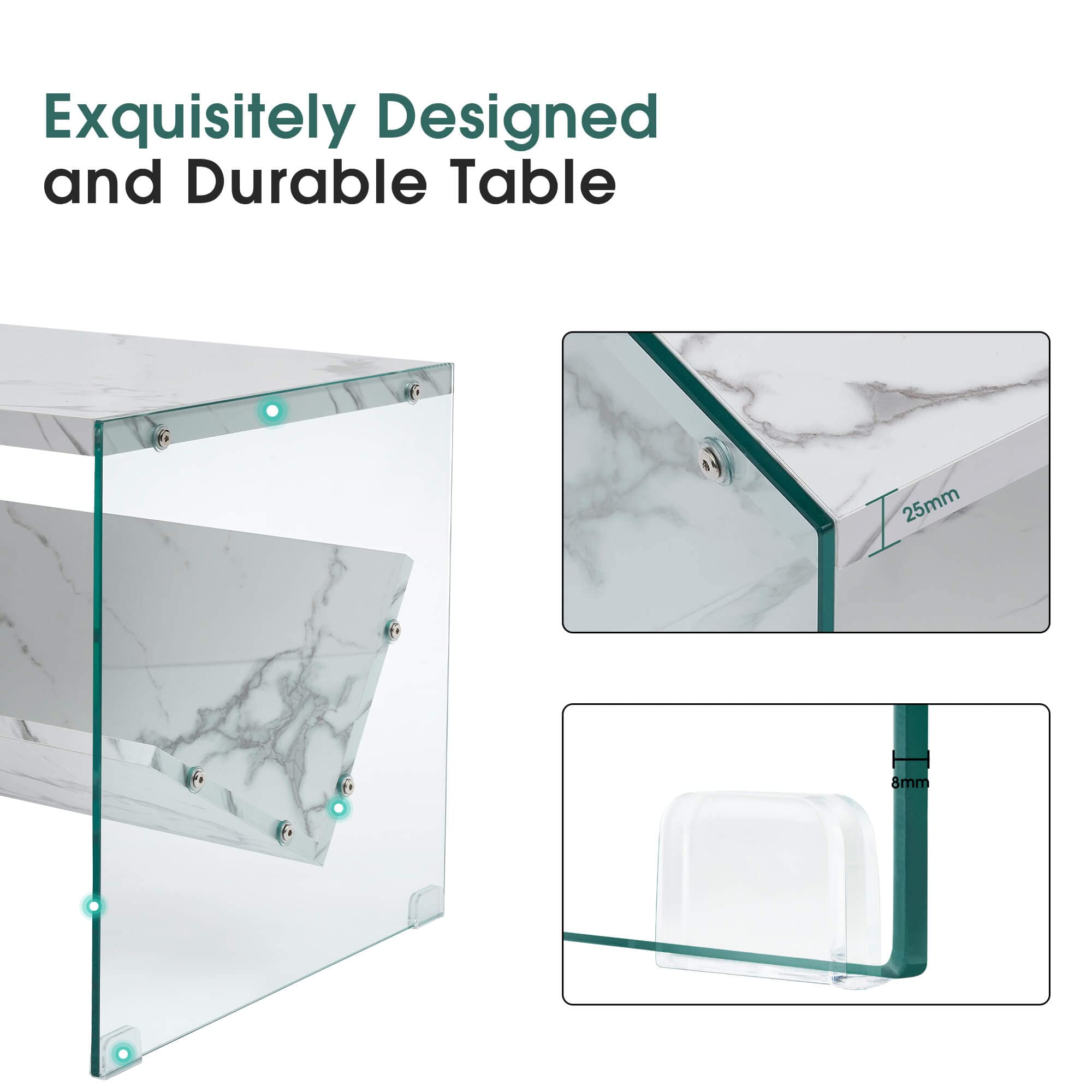 ivinta Modern Rectangle Coffee Table with Tempered Glass Legs & Storage - White 5771 | Perfect for Living Room, Lounge & Small Spaces