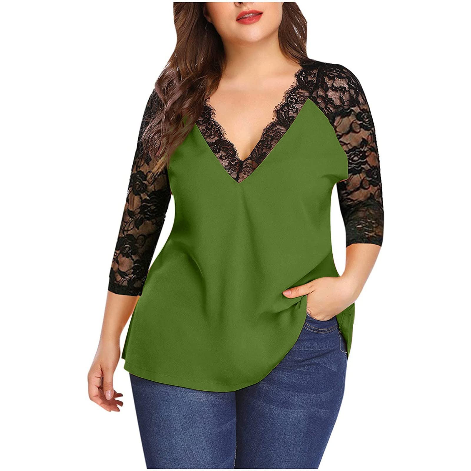Sexy Lace 3/4 Sleeve Plus Size Women's Tops with Eyelash Stitching - Casual Tee Shirts for Curvy Women | Perfect for Date Nights & Summer Outfits