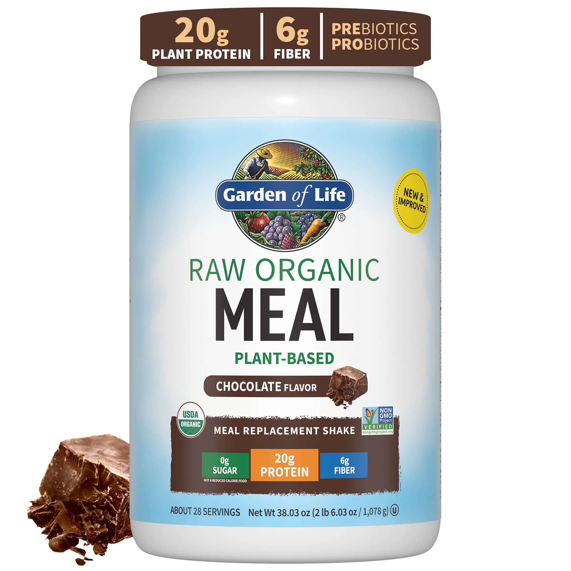 Garden of Life Organic Chocolate Vegan Meal Replacement Shake & Protein Powder - 2.4 LB, 20 Servings, Dairy-Free, Plant-Based Nutrition for Weight Management & Post-Workout Recovery | Perfect for Smoothies, Breakfast, and Healthy Snacks
