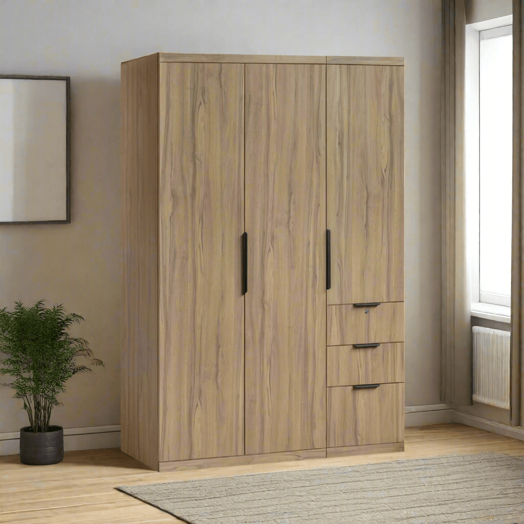 Kerris 3 Door Open Wardrobe - Solid Plywood Closet Organizer for Bedroom, Living Room & Walk-In Closet - Modern Freestanding Storage Cabinet with Hanging Rod & Shelves