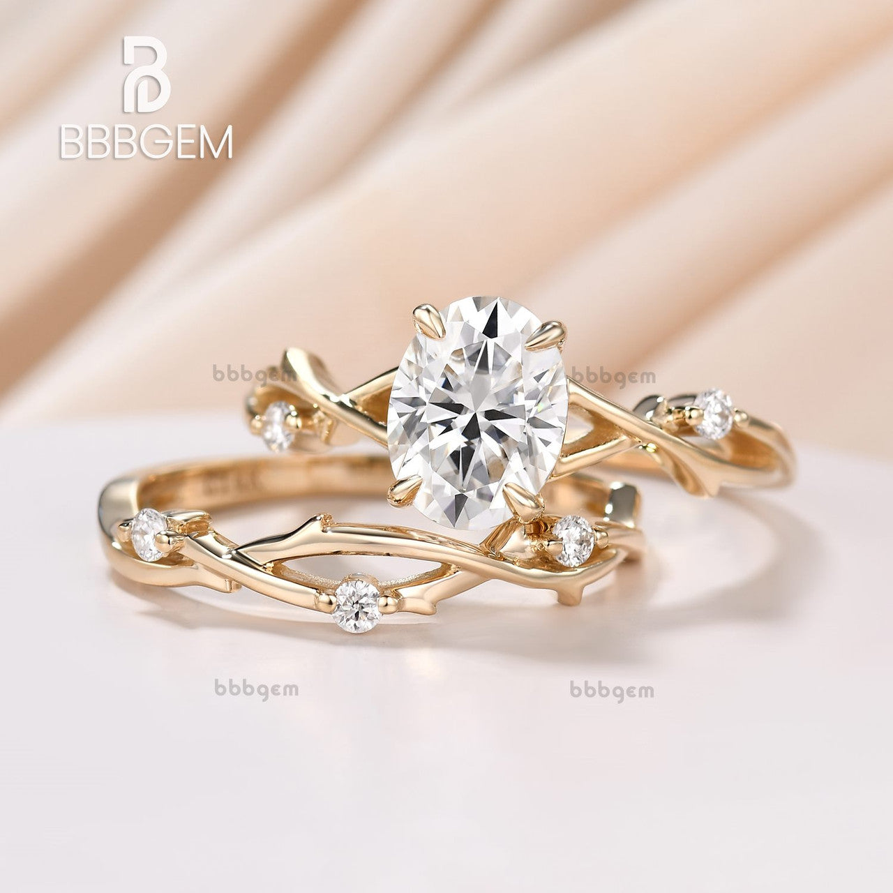 2PCS Twig Vine Oval Moissanite Solitaire Engagement Ring Set for Women - 1.5CT Oval Cut Rose Gold Wedding Band - Perfect for Proposals, Anniversaries & Bridal Jewelry
