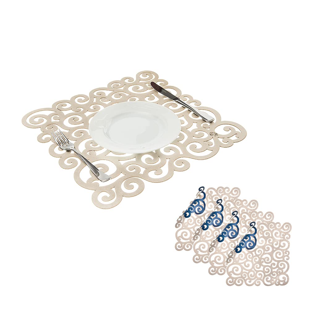 Mijal Gleiser Double Sided Placemats Set of 4 - Laser Cut Heat Resistant Non Slip Stain Resistant Table Mats - Sea Snail Collection Royal Blue Champagne - Perfect for Dining Table, Kitchen, Party & Home Decor