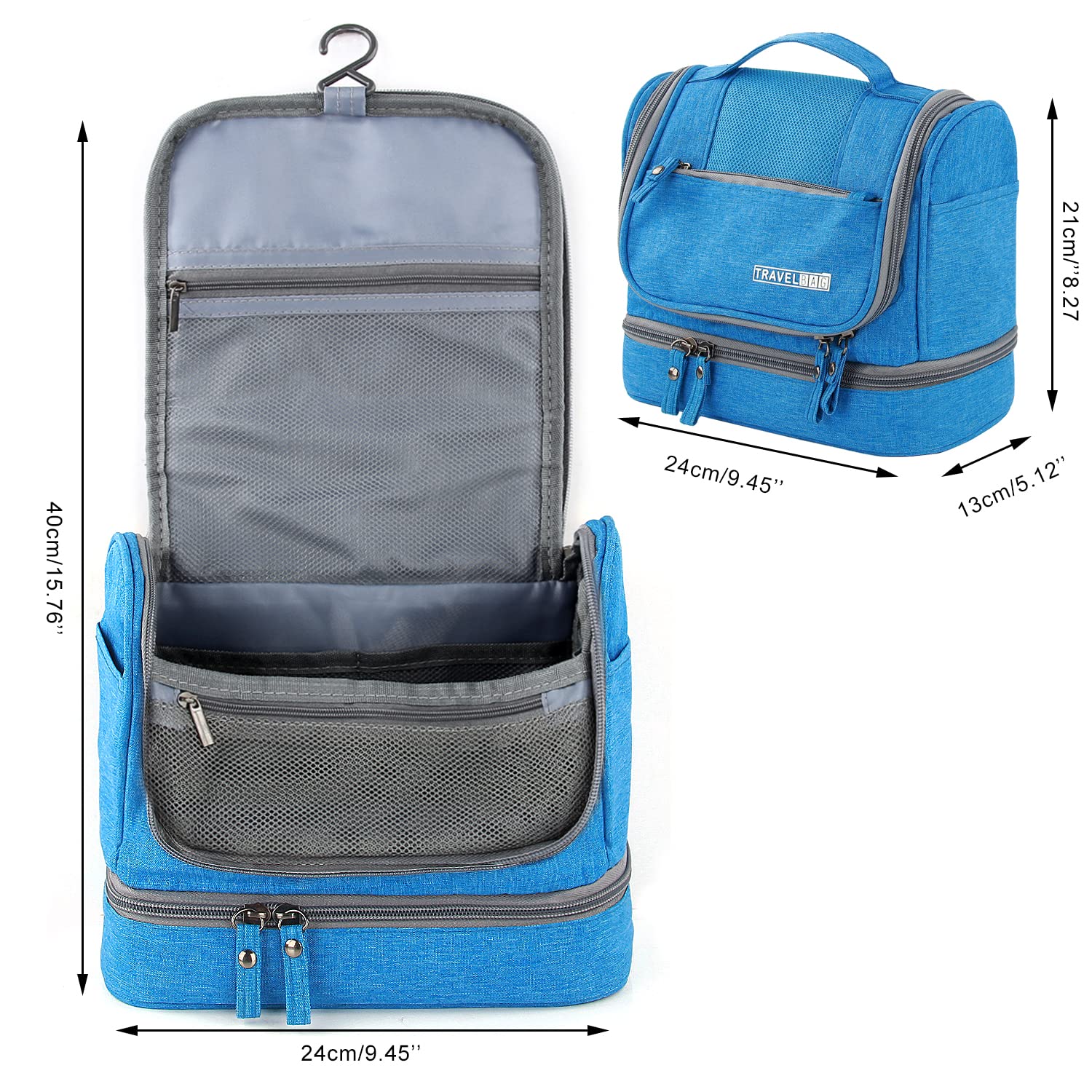 Large Travel Toiletry Bag for Women & Men - Waterproof Cosmetic Organizer with 2-Layer Dry/Wet Separation Design - Ideal for Bathroom, Gym, Camping & Air Travel (Blue)