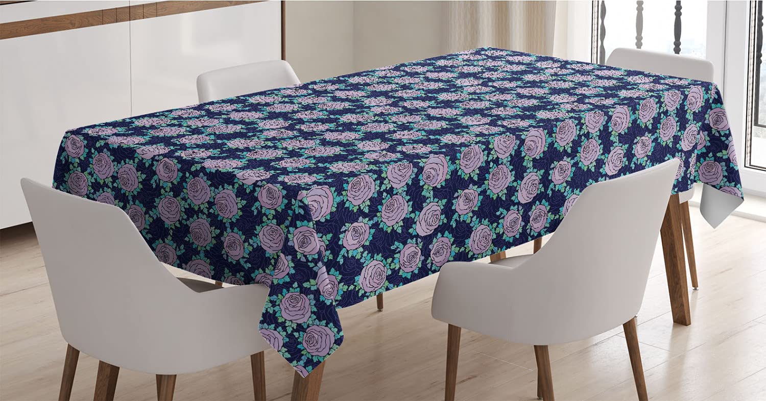 Ambesonne Rose Tablecloth - Romantic Floral Design with Blue Leaves, Rectangle Satin Dining Table Cover 52x70 Inches in Indigo Aqua Lilac - Perfect for Kitchen, Dining Room, and Special Occasions