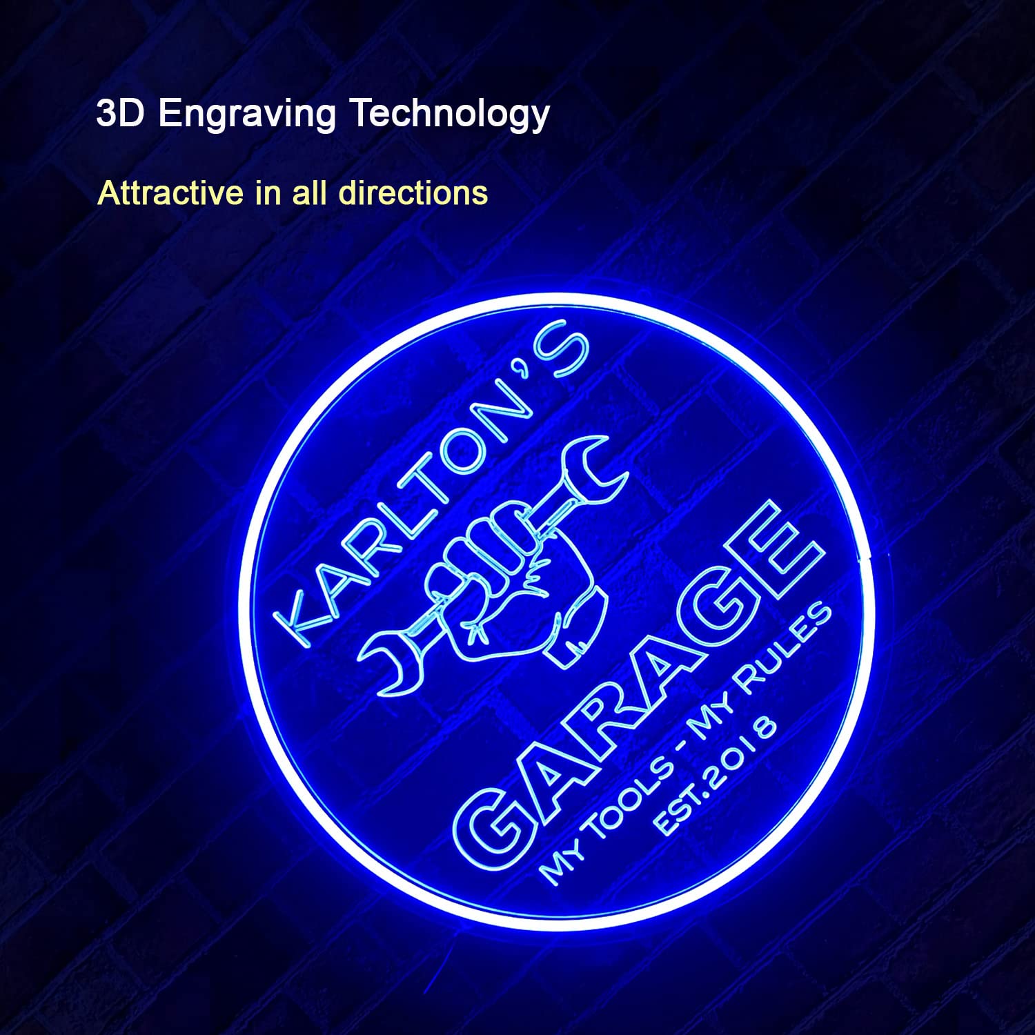 Custom Neon Garage Signs - Personalized LED Light Sign for Man Cave, Dad's Workshop & Gifts - 16x16 Inch Round Neon Decor for Home Bar, Garage Wall & Birthday Presents