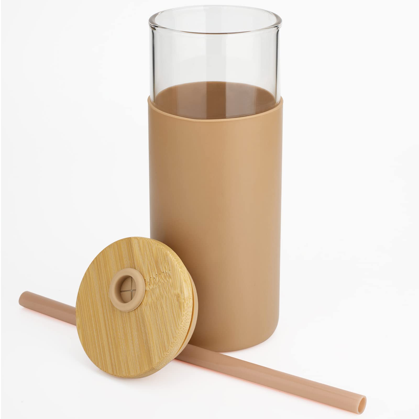 20 oz Glass Tumbler with Bamboo Lid & Silicone Sleeve - BPA Free, Reusable Water Bottle with Straw - Perfect for Home, Office, Gym & Outdoor Activities - 2 Pack (Amber)