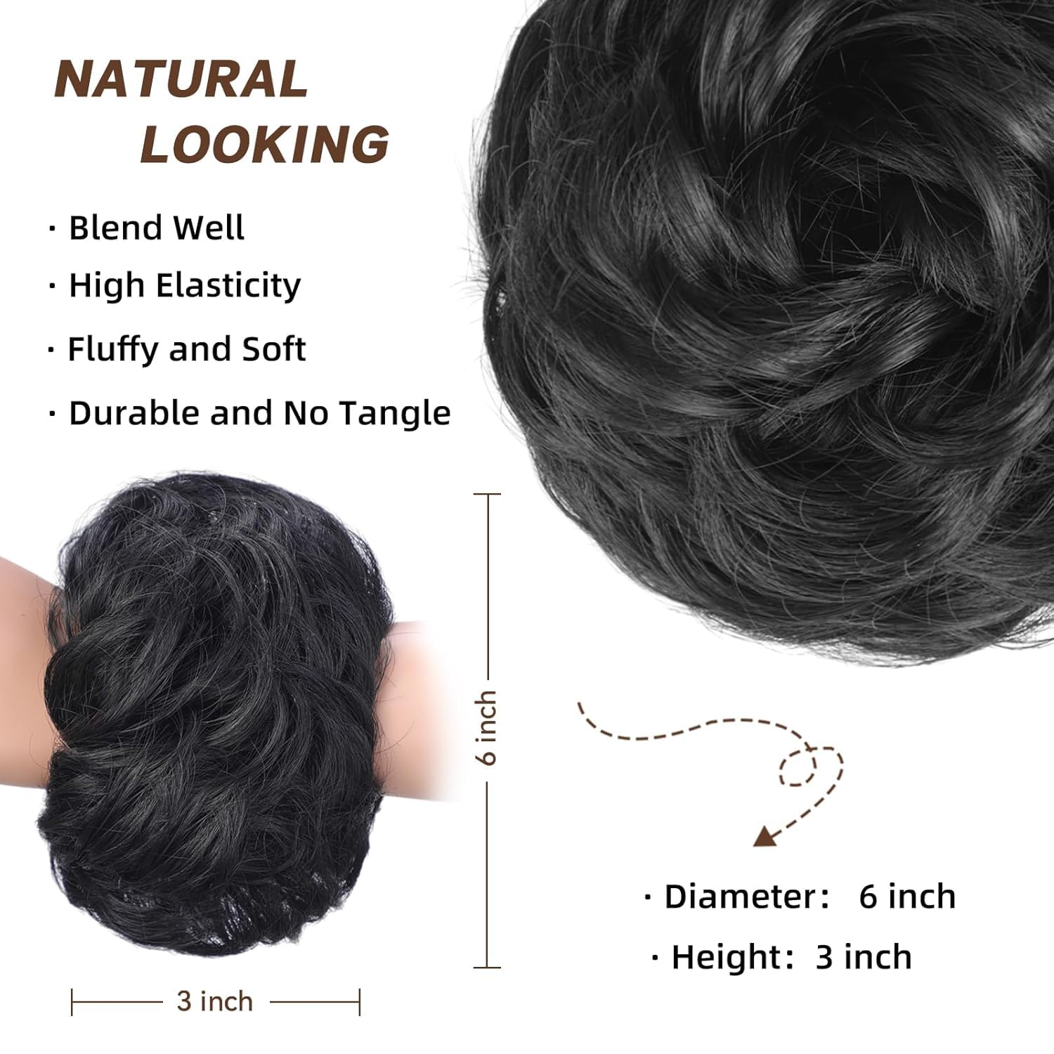 1PCS Deluxe Matte Messy Bun Hair Piece - Wavy Curly Elastic Scrunchies for Women | Hair Bun Donut Ponytail Extensions (Black) - Perfect for Everyday Wear, Parties & Special Occasions