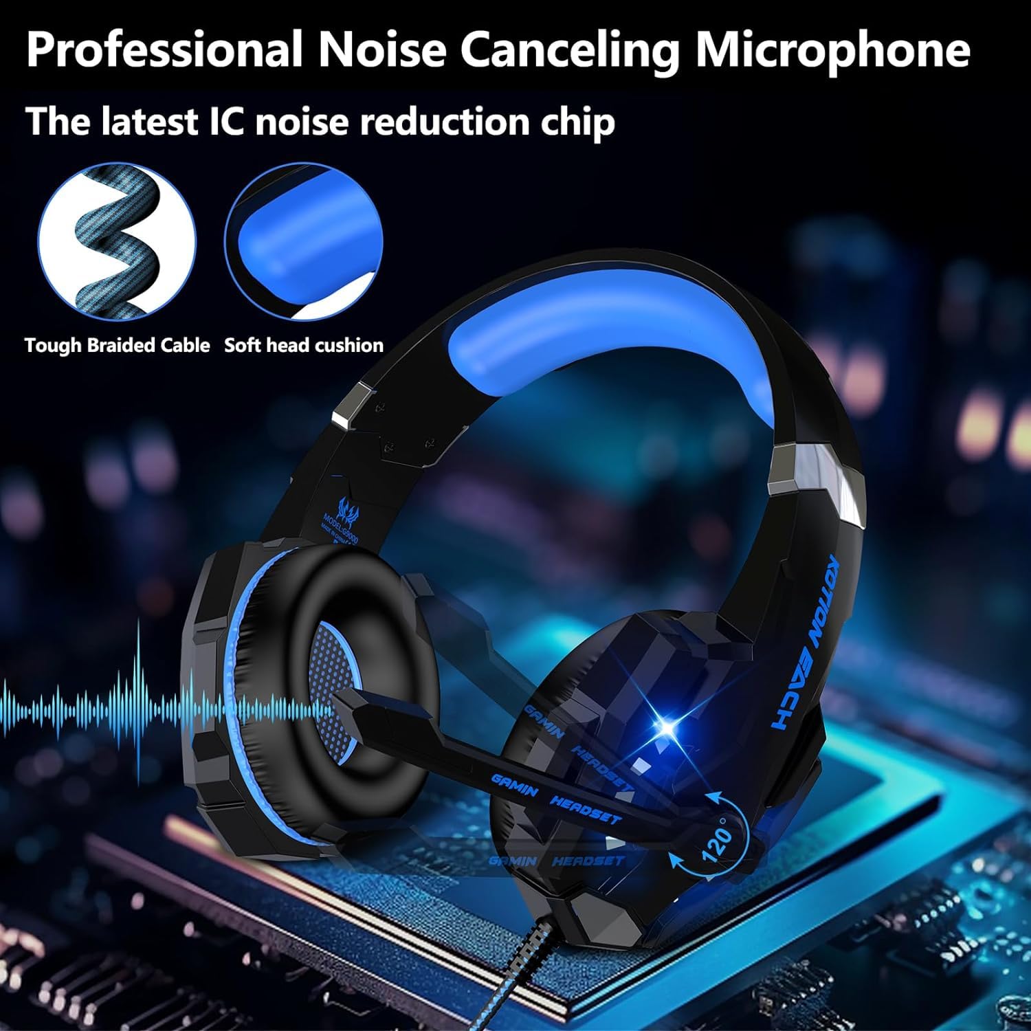 Laspi Gaming Headset with Microphone - Noise Cancelling Headphones for PS5, PS4, PC, Xbox, Switch, Mac & Laptop - LED Stereo Bass with Adjustable Mic & 3.5mm Jack - Perfect for Online Gaming, Streaming & Virtual Meetings