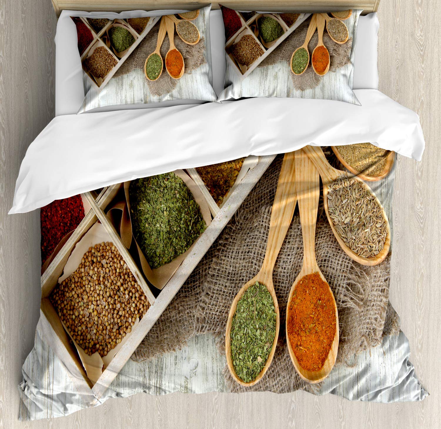 Ambesonne Spice Duvet Cover Set - 3 Piece King Size Bedding with 2 Pillow Shams | Decorative Cultural Food Design with Spice Assortment in Wooden Spoons | Perfect for Bohemian, Farmhouse & Eclectic Bedroom Decor