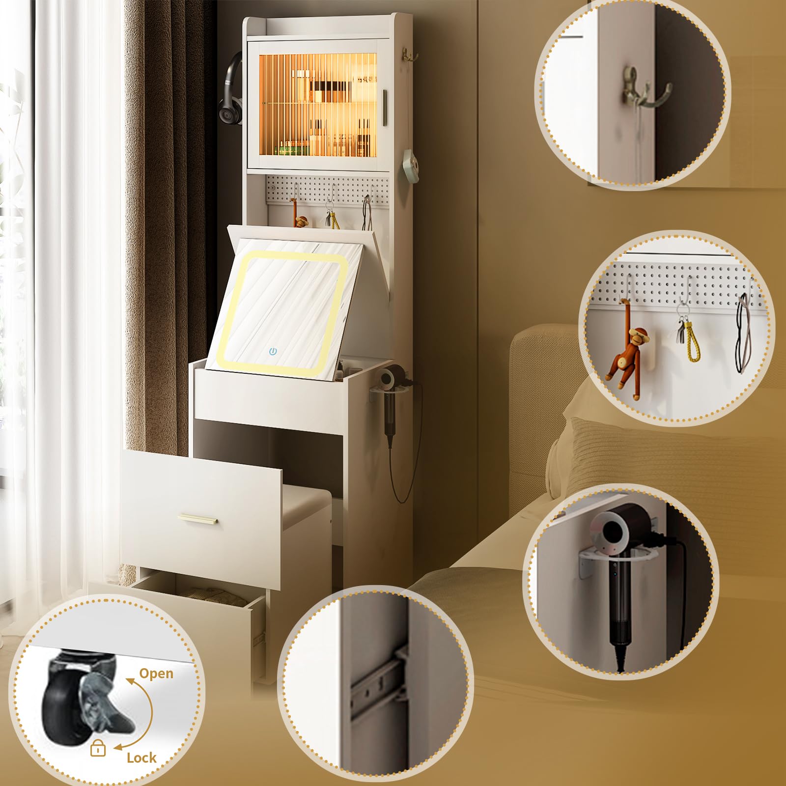 VINGLI 3-in-1 Small Vanity Desk with LED Lighted Mirror, Storage Drawer & Wheeled Stool - Compact Makeup Vanity Set with Adjustable Lighting, DIY Pegboard & Power Outlet for Bedroom, Dorm, Home Beauty Station (White) | Perfect for Daily Makeup Routine & Skincare Organization