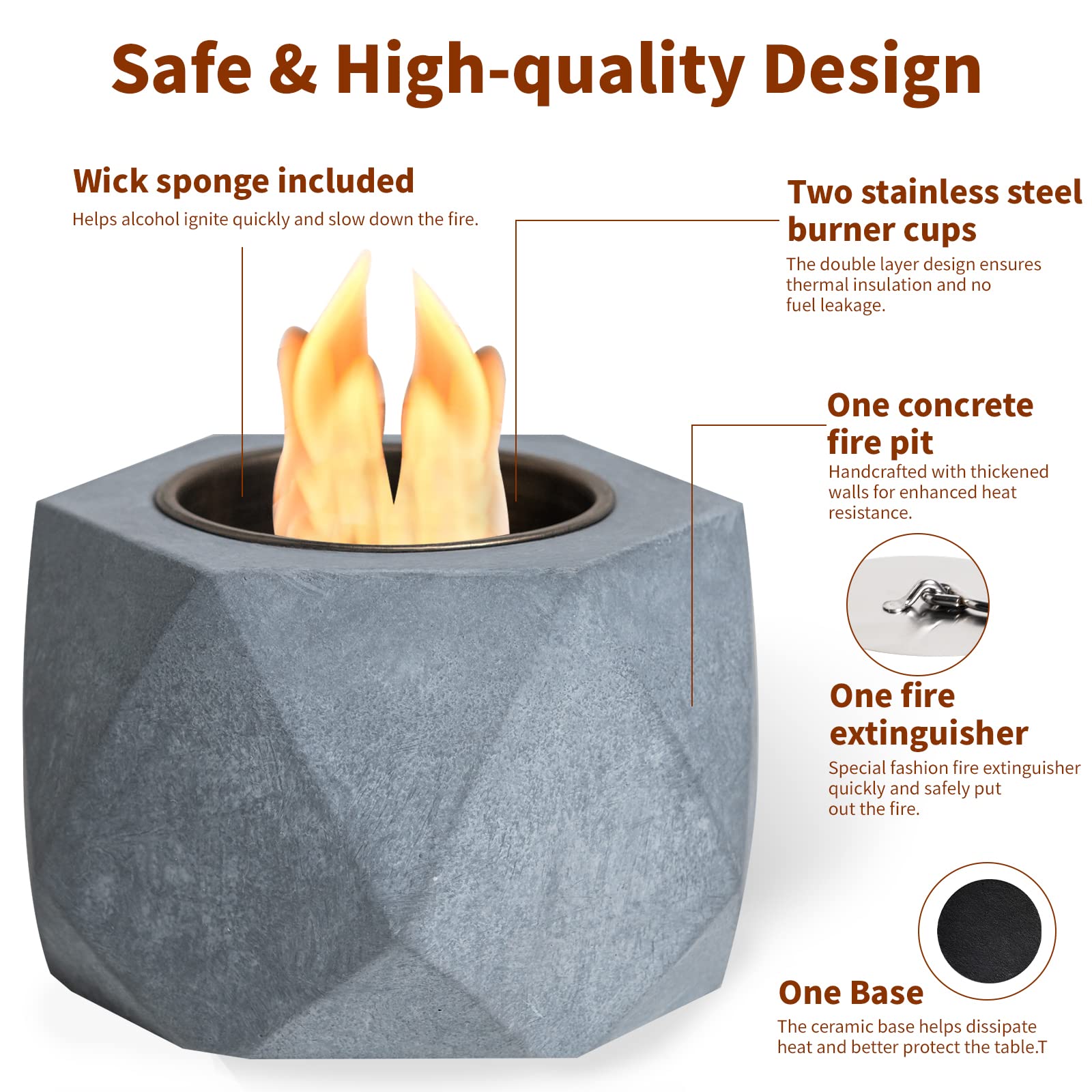 Portable Concrete Tabletop Fire Pit Bowl - Indoor Outdoor Ethanol Fireplace for Patio, Balcony, Backyard - Mini Smores Maker with Extinguisher - Perfect for Camping, Parties & Cozy Nights