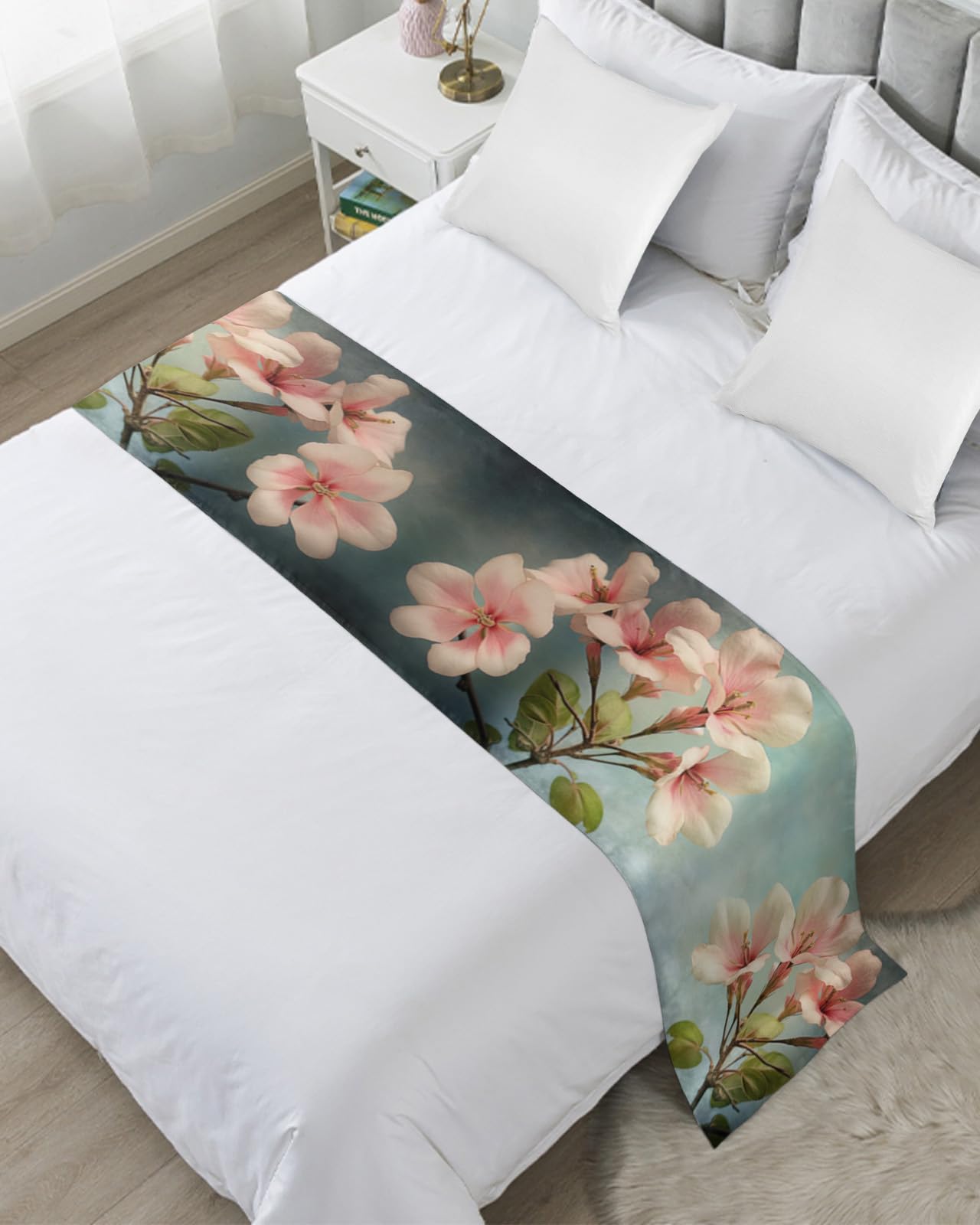 Pink Ombre Floral Queen Size Bed Runner - 83 x 20 Inch Vintage Teal Luxury Bed Scarf Throw for Foot of Bed | Botanical Spring Floral Bedding Protector for Hotels & Homes | Perfect for Bedroom Decor, Wedding Guest Rooms & Cozy Home Styling