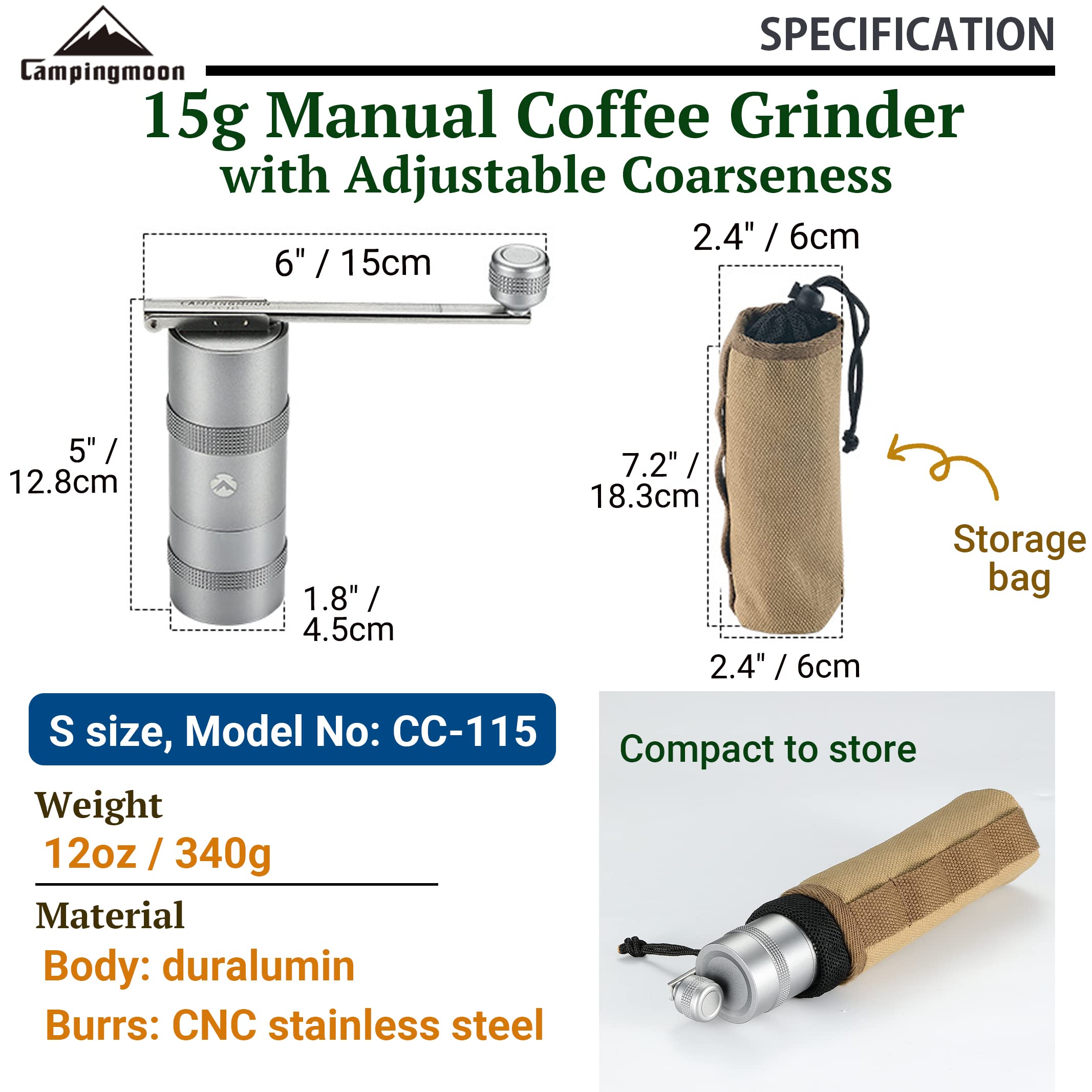 Premium Manual Coffee Grinder - Stainless Steel Portable Hand Crank Mill for Espresso, French Press & Pour Over - Perfect for Camping, Travel & Home Use (Model CC-115)
