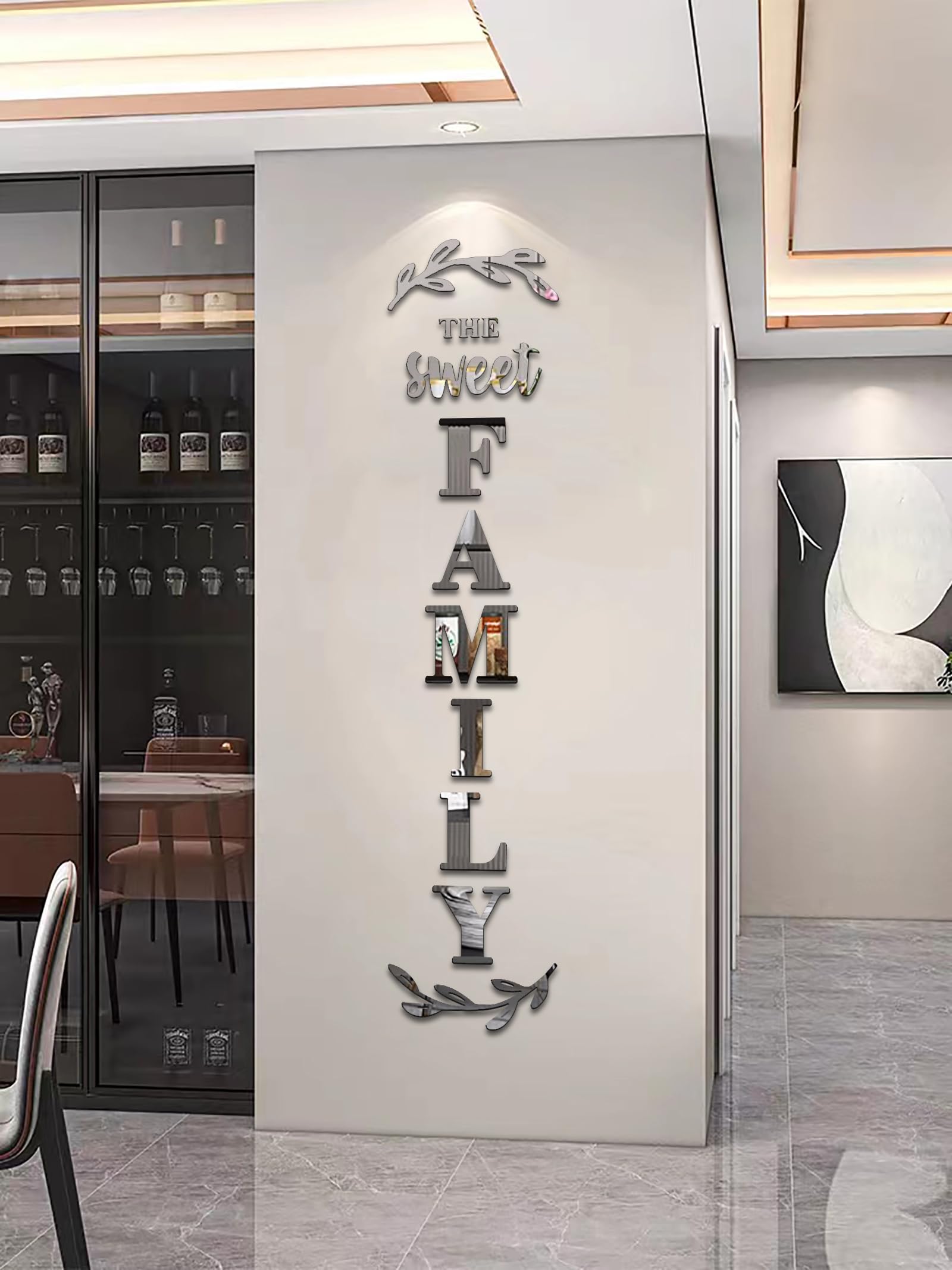 Family Letter Wall Decor - Peel & Stick Mirror Stickers for Living Room & Bedroom (Silver, 68x18 in) - Home Wall Art