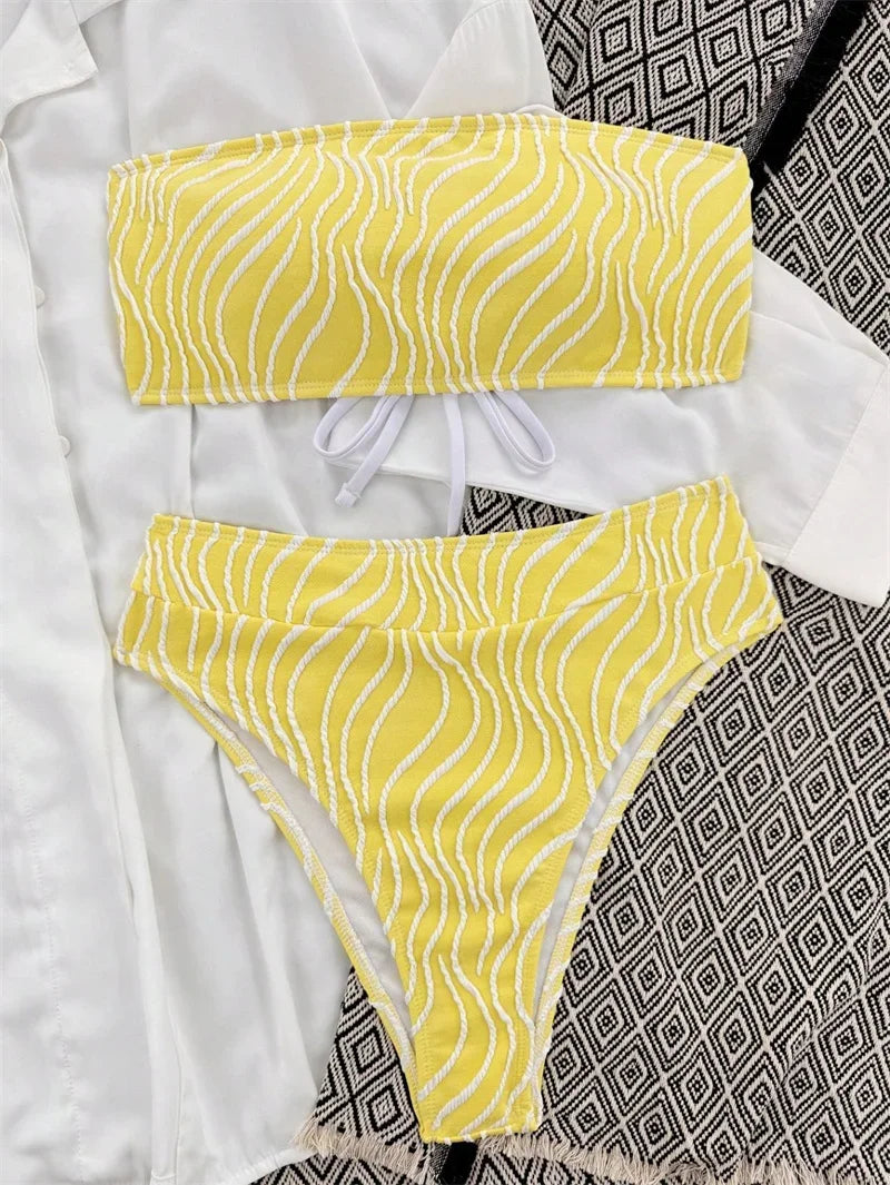 **2024 Wave Print Sexy Strapless Bandeau Bikini Set - 8 Colors, Push Up High Waist Swimsuit for Women | Beach Vacation, Pool Party, Summer Getaway**
