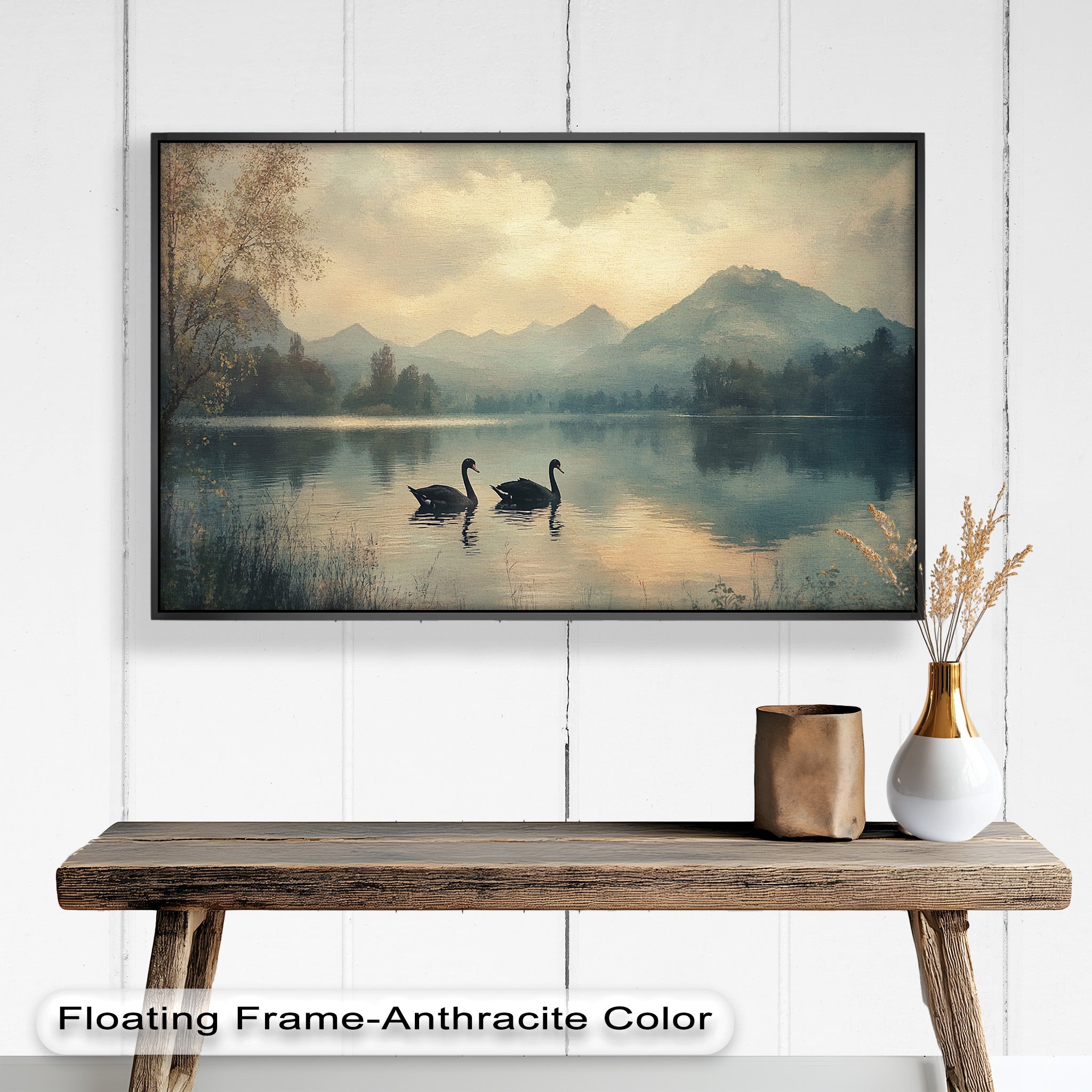 Black Swans on a Mountain Lake - Modern Oil Painting Wall Art for Living Room, Bedroom & Office Decor | Handmade Canvas Artwork | Nature Inspired Home Decoration