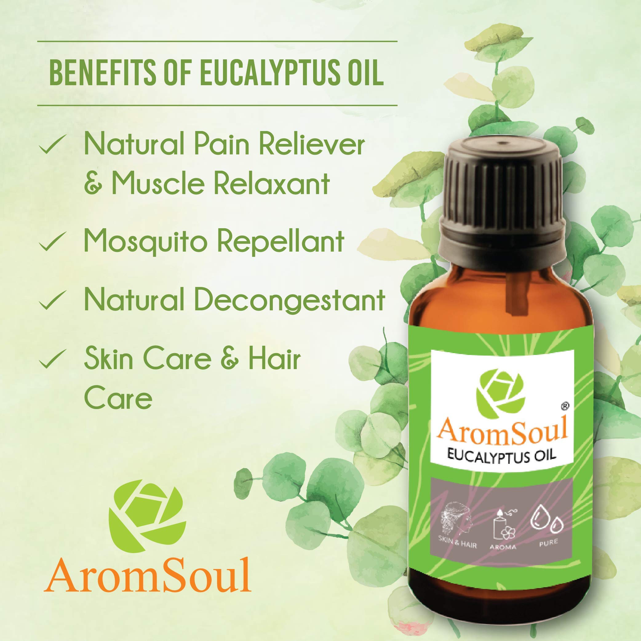 AromSoul Pure Eucalyptus & Lavender Essential Oil Set - 2 Pack (15ml Each) | Therapeutic Grade for Hair, Skin & Face Care | Aromatherapy, Massage & Diffuser Use | Relaxation & Stress Relief Essential Oils