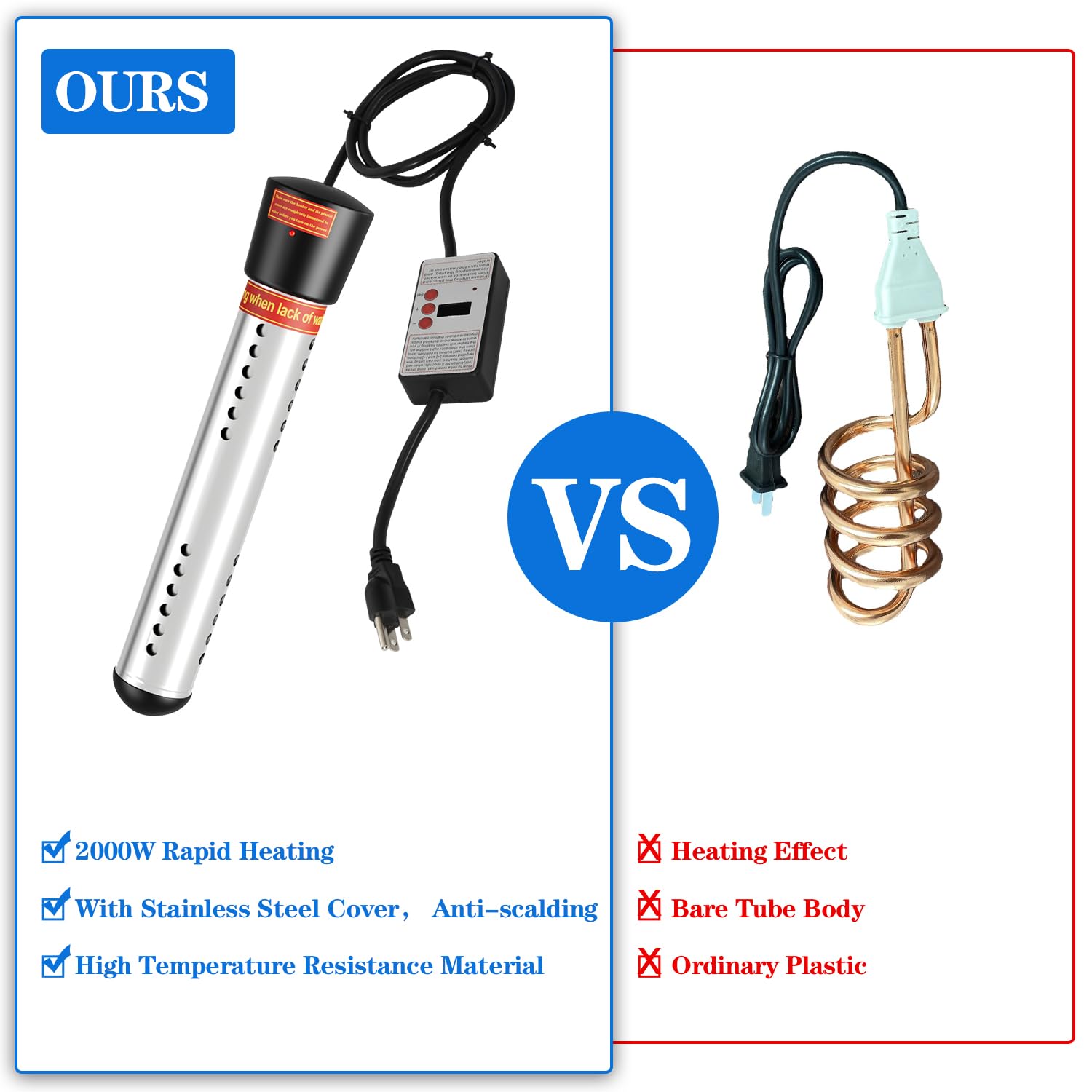 2000W Stainless Steel Immersion Water Heater with Digital LCD Thermometer - Bucket Heater for Pool, Bathtub, Inflatable Pool | Fast Heating for Home, Camping & Outdoor Use