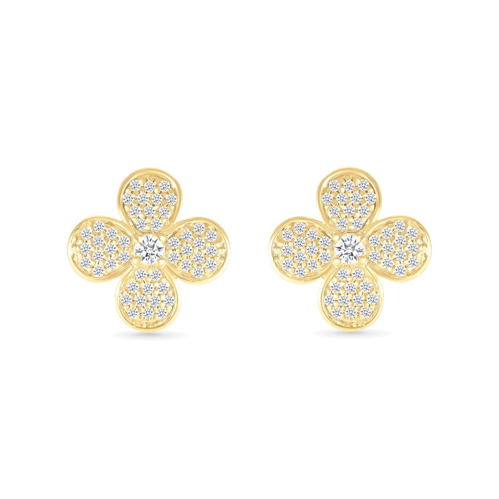10k Yellow Gold Four Petal Flower Diamond Pave Stud Earrings - Elegant Dainty Jewelry for Women, Perfect for Weddings, Anniversaries & Everyday Wear